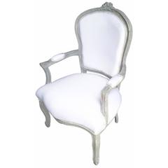 French Louis XV Farmhouse Style Armchair in White Linen