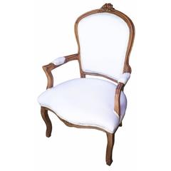 French Chair, French Louis XV Farmhouse Style Armchair in White Linen