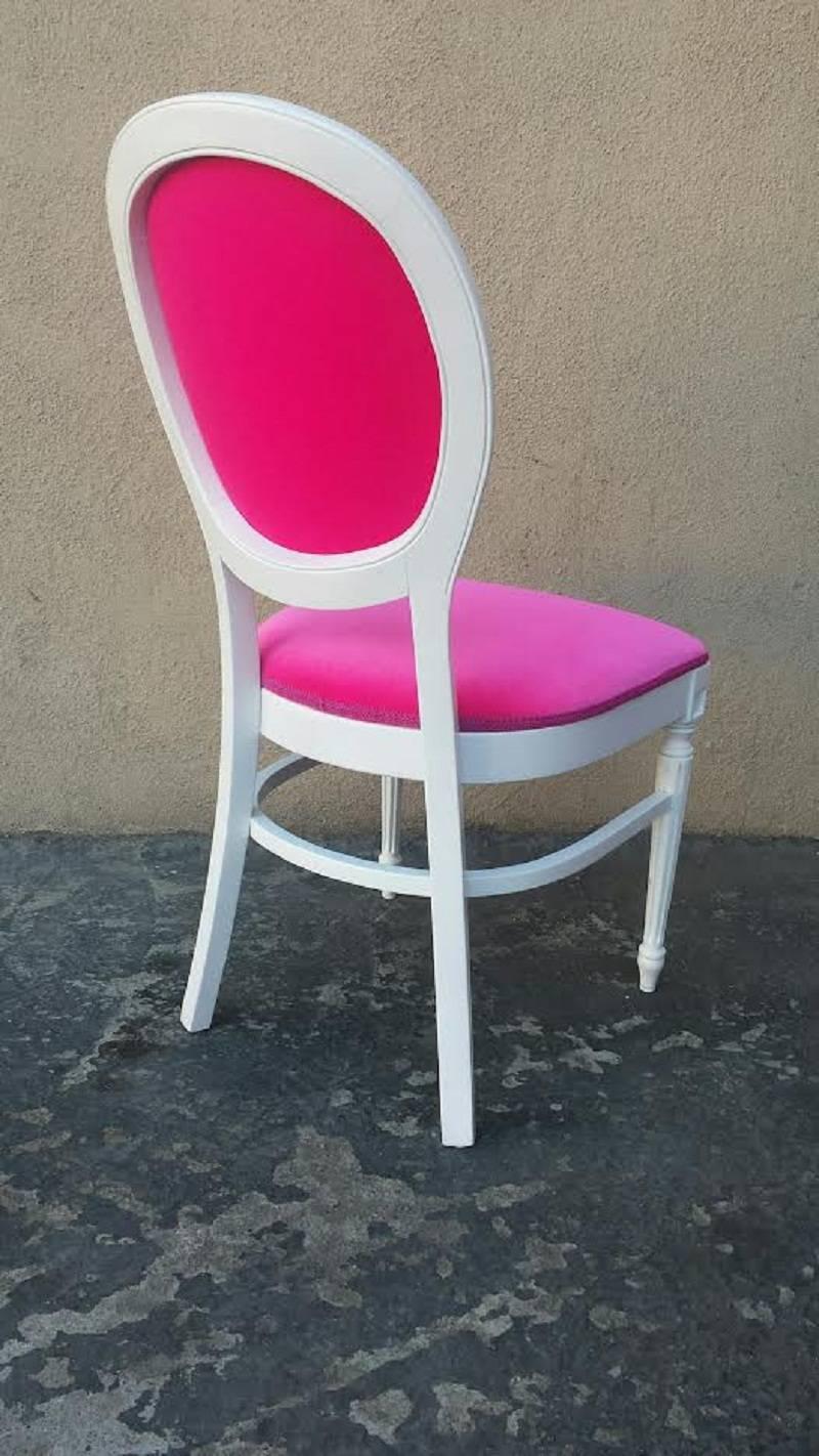 The wooden frame is newly painted in white finish. Newly Upholstered in hot pink velvet blend fabric. 

We have a total of 4 chairs for sale. The price is per chair.
Custom orders are welcome. Lead time 1-3 weeks.