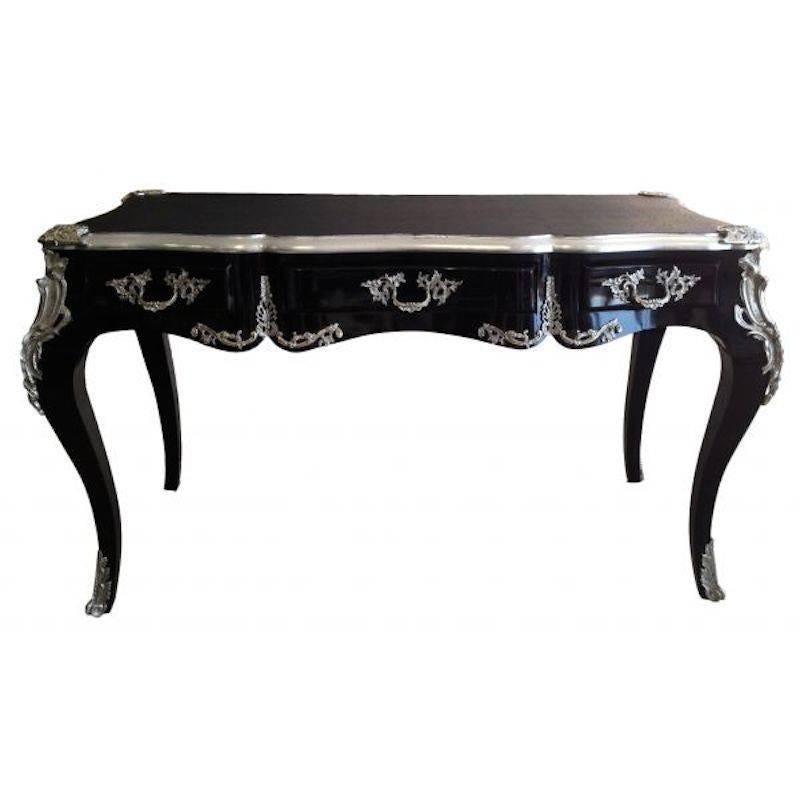 French Black Desk Table with Leather Top in Baroque Rococo Louis Style