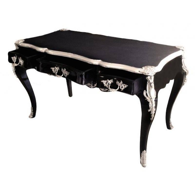 Louis XIV French Black Desk Table with Leather Top in Baroque Rococo Louis Style