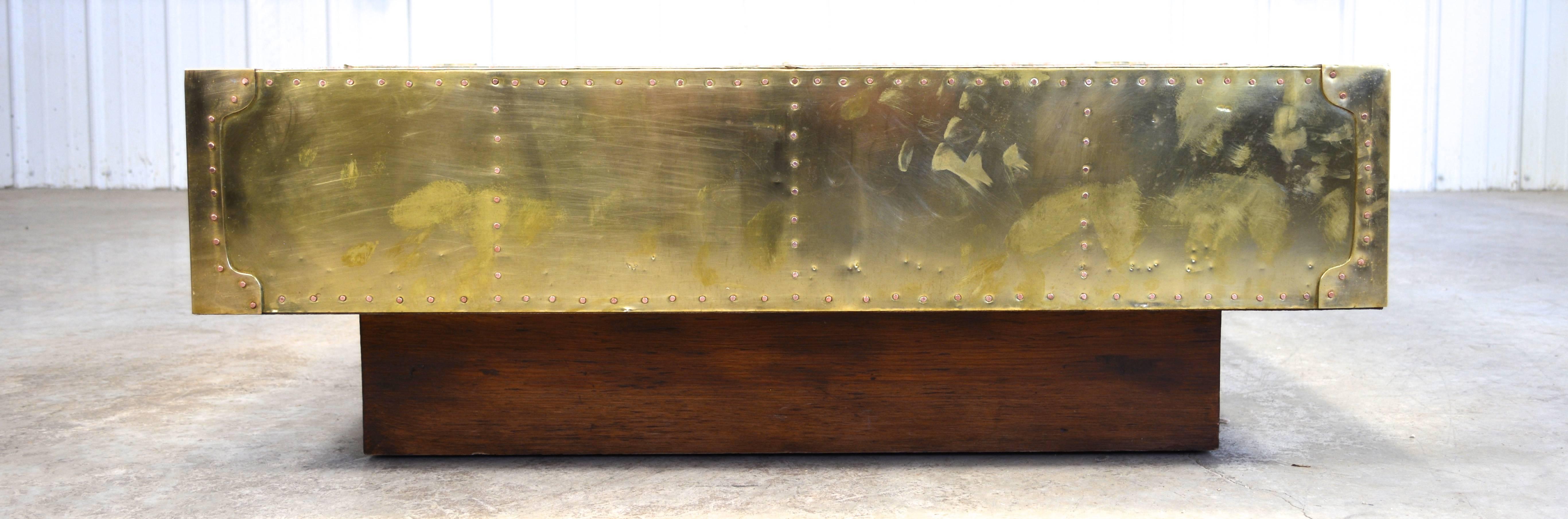 Spanish Sarreid Studded Brass Coffee Table on Plinth Base