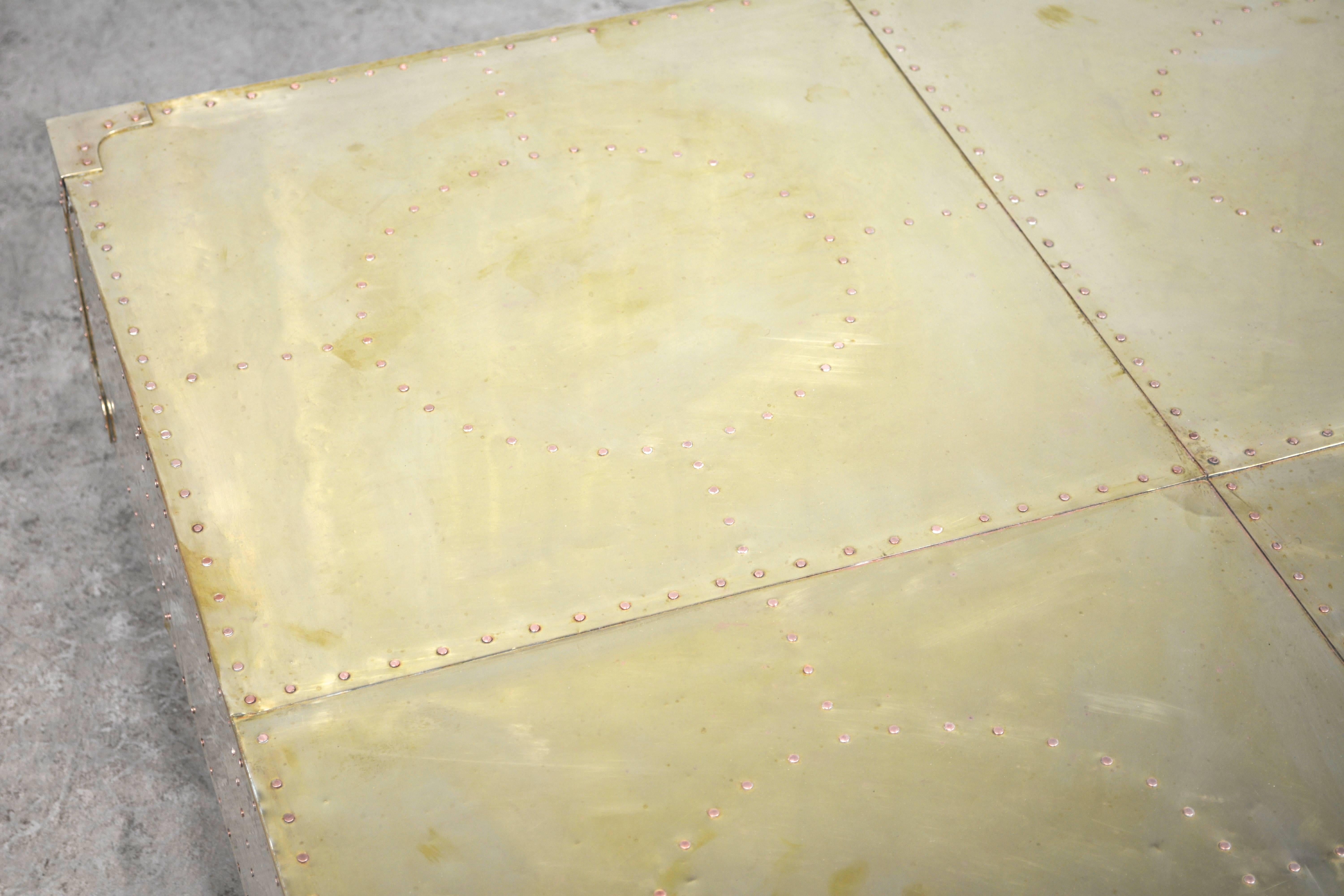 Late 20th Century Sarreid Studded Brass Coffee Table on Plinth Base