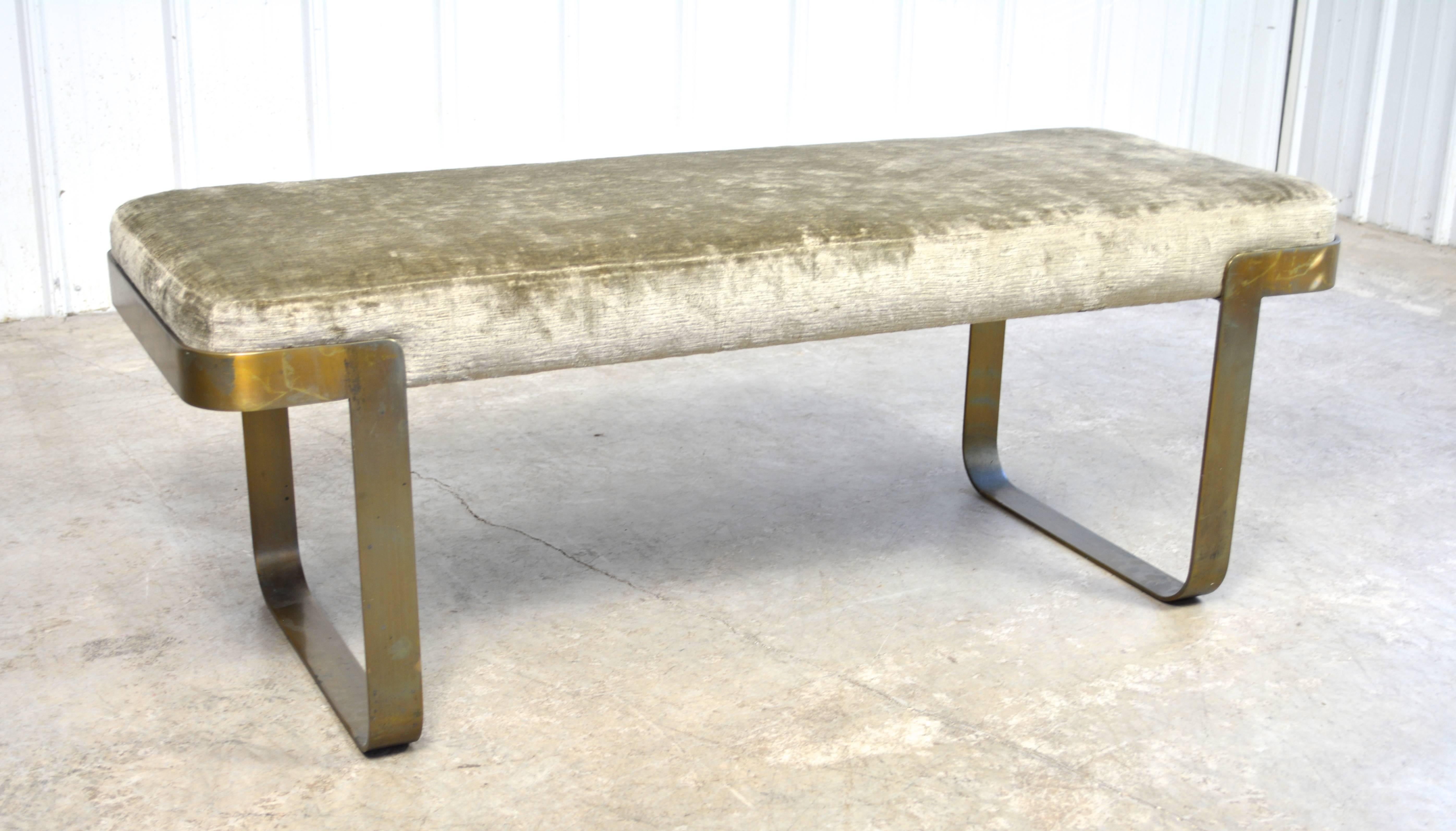 Heavy brass frame bench by Pace. Upholstered in mohair. Brass shows a nicely aged patina.