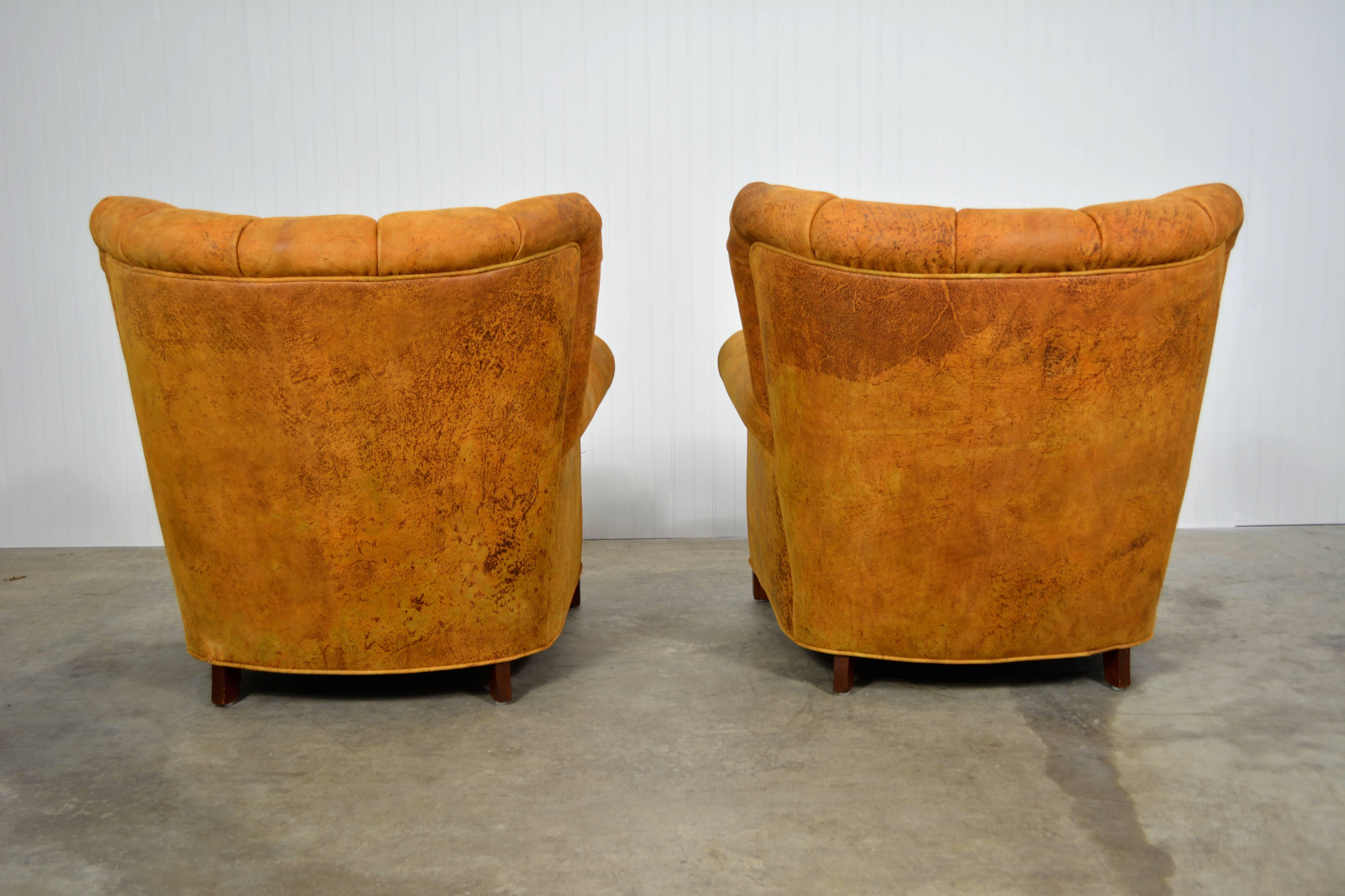 Mid-20th Century Early Rare Danish Modern Leather Channel Back Lounge Chairs by Fritz Hansen For Sale