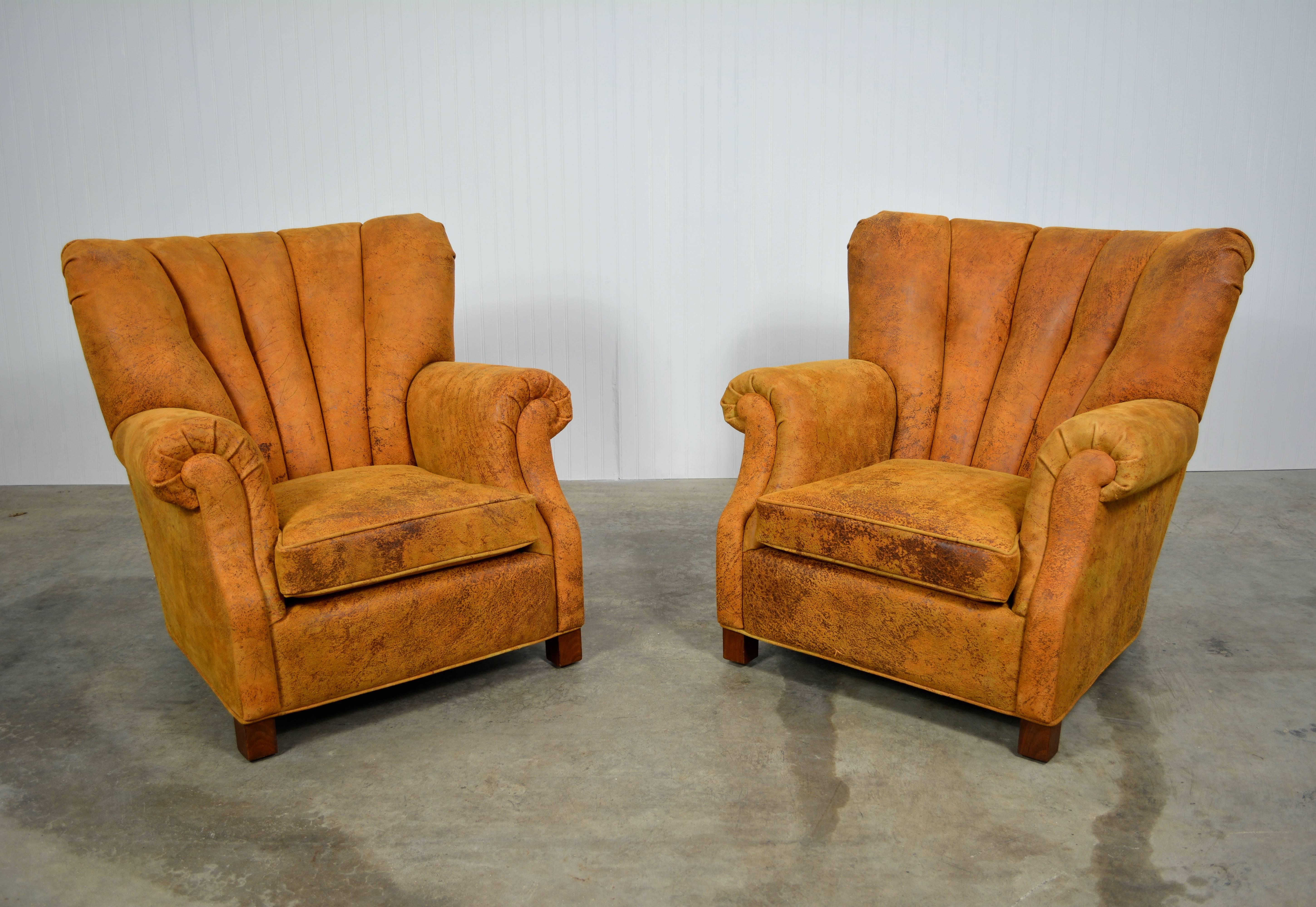 Early Rare Danish Modern Leather Channel Back Lounge Chairs by Fritz Hansen For Sale 1