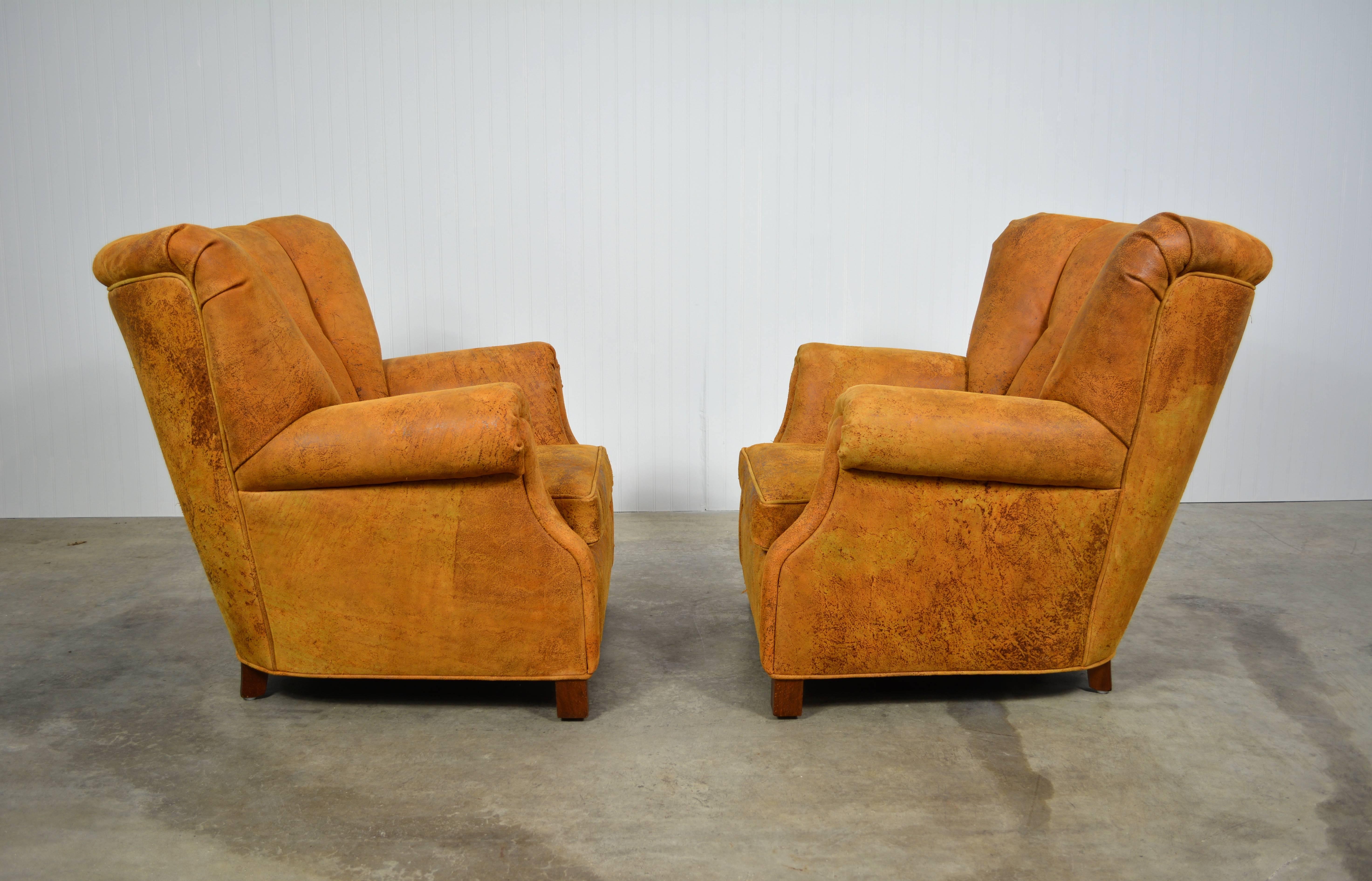 Early Rare Danish Modern Leather Channel Back Lounge Chairs by Fritz Hansen In Excellent Condition For Sale In Loves Park, IL