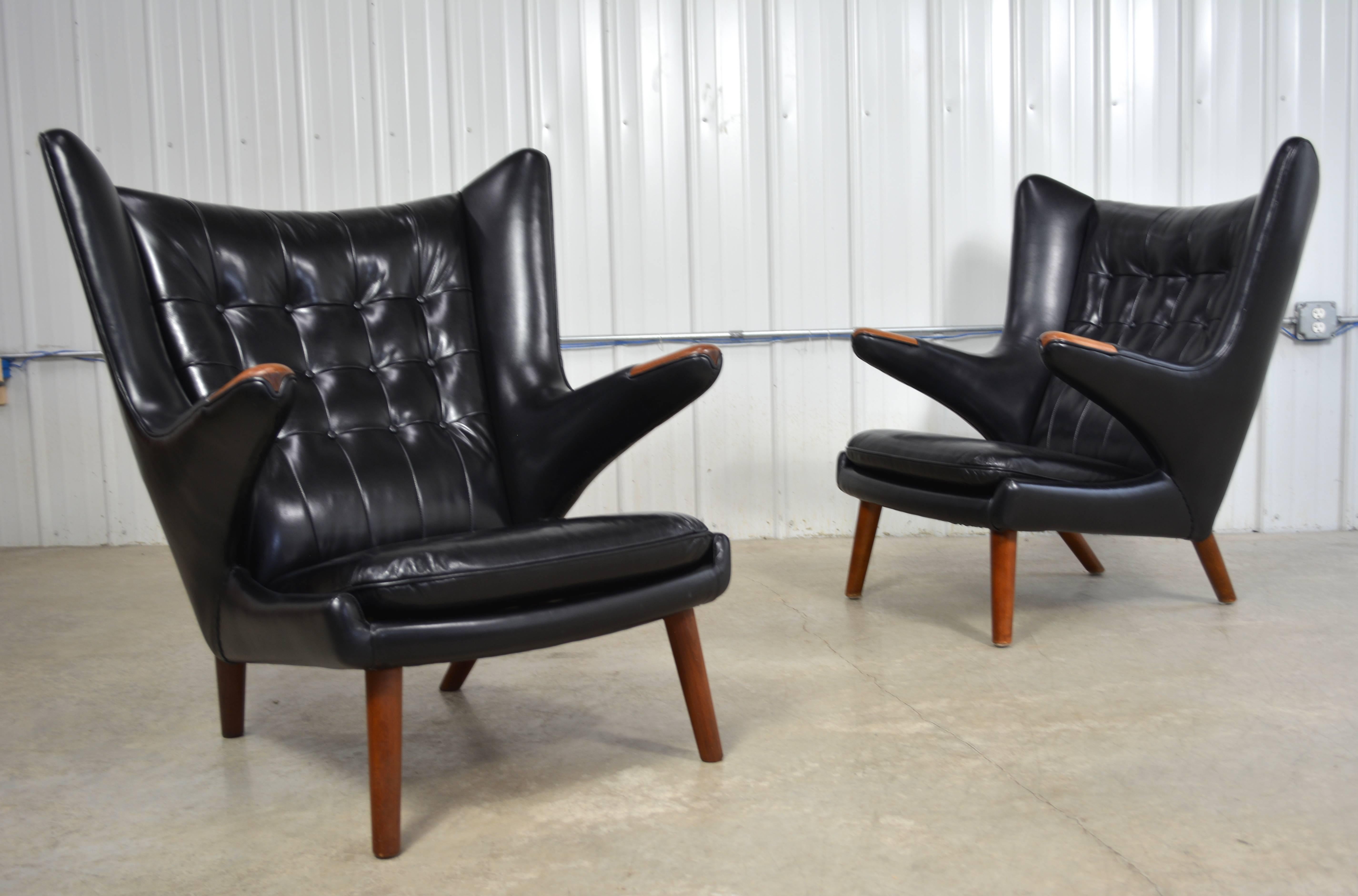 Danish Hans Wegner Pair of Papa Bear Chairs and Ottoman in Black Leather For Sale