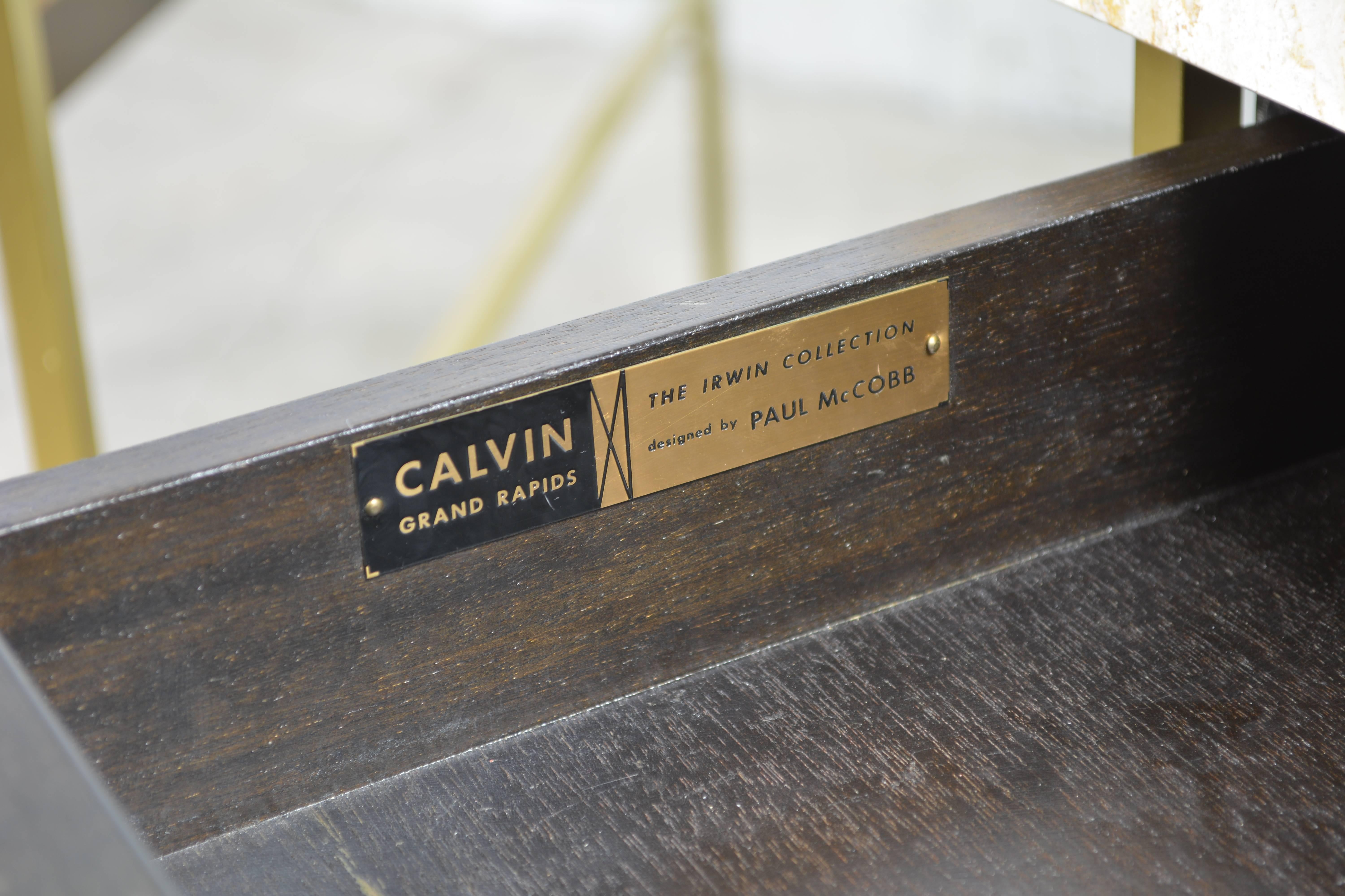 Mid-20th Century Pair of Paul McCobb Travertine Top End Tables for Calvin