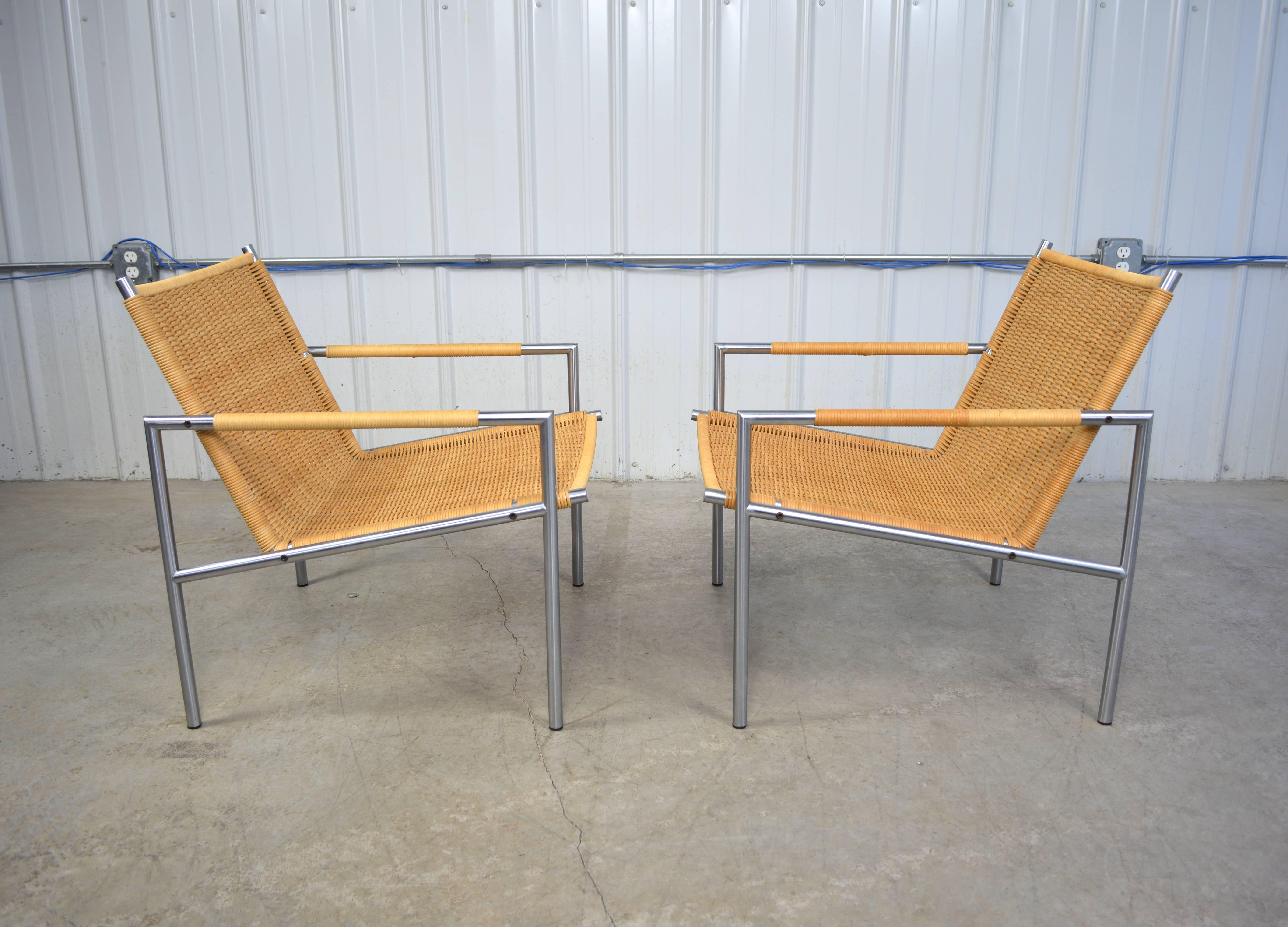 Martin Visser pair of steel and cane chairs for Spectrum Meubelen, Holland. 