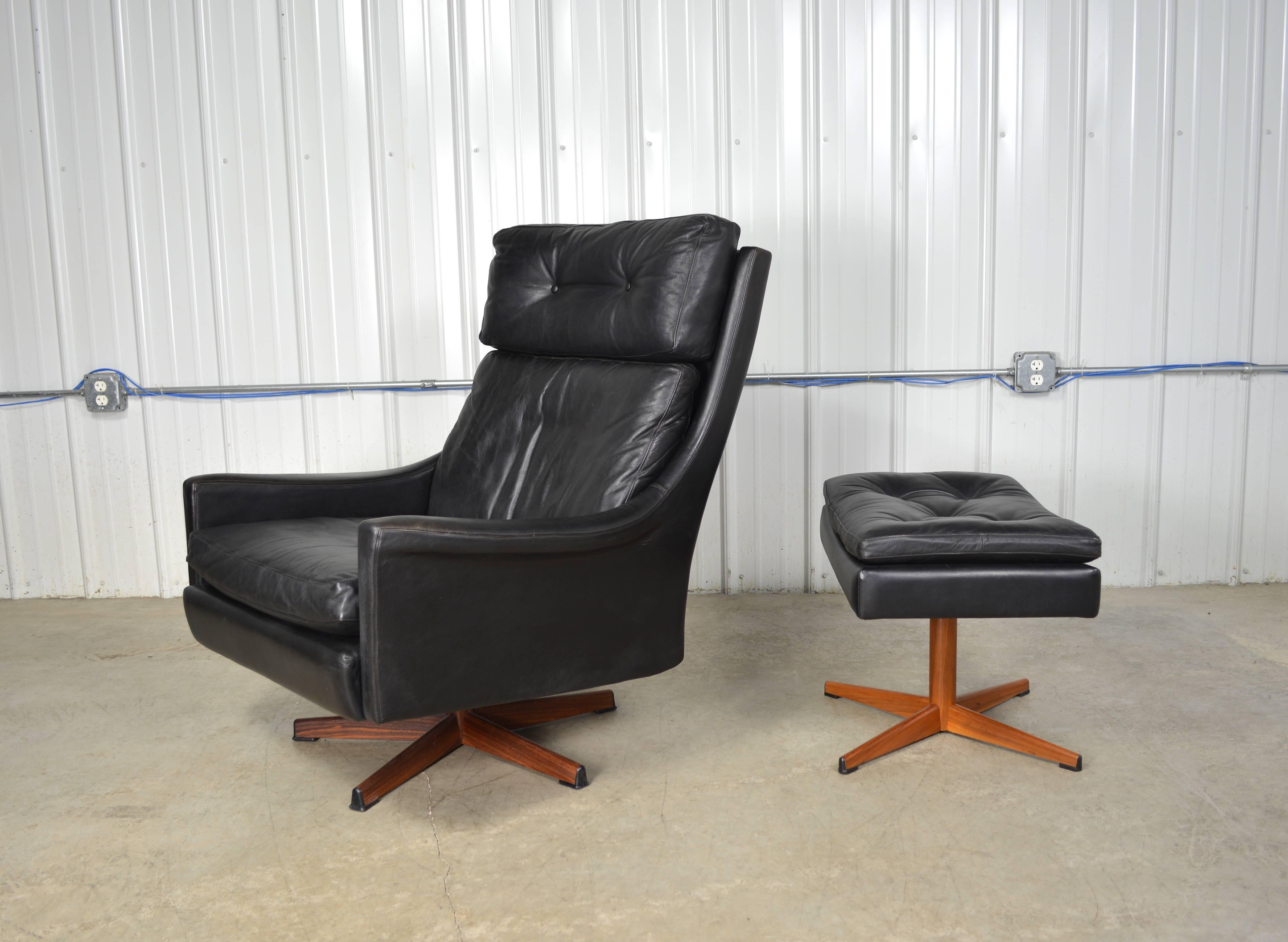 Danish Ib Kofod-Larsen Leather Swivel Lounge Chair and Ottoman For Sale
