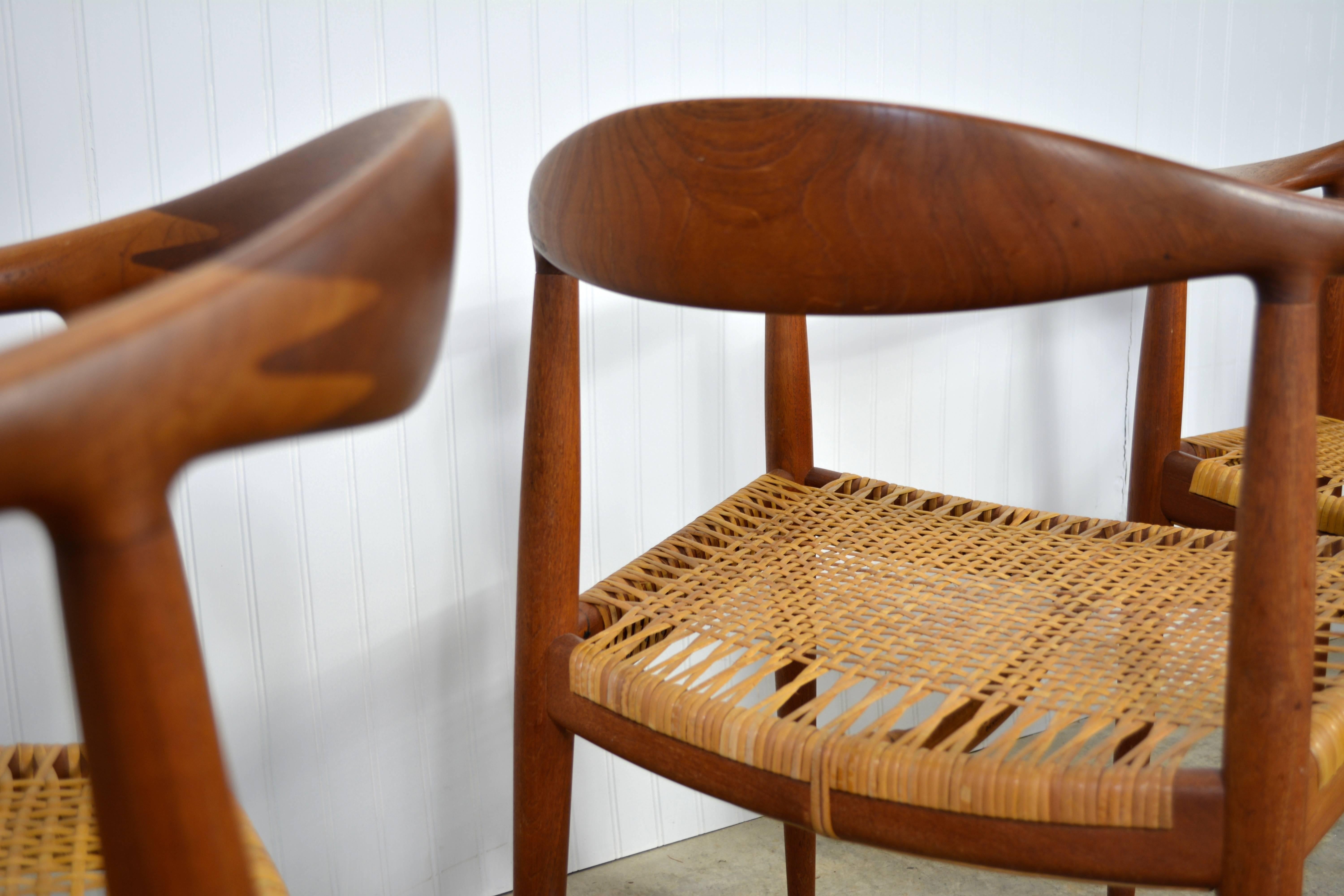 Danish Set of Four Hans Wegner Round Chairs in Teak and Cane For Sale