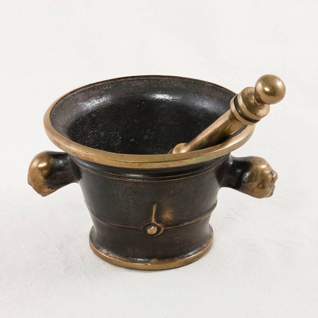 French Rare Bronze Mortar and Pestle with Medieval Faces as Handles