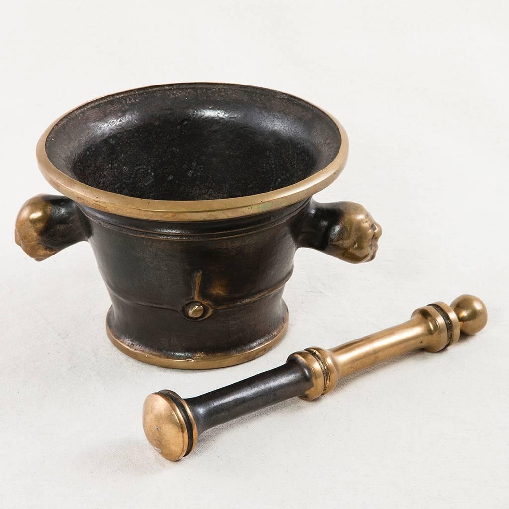 Rare Bronze Mortar and Pestle with Medieval Faces as Handles In Excellent Condition In Fayetteville, AR