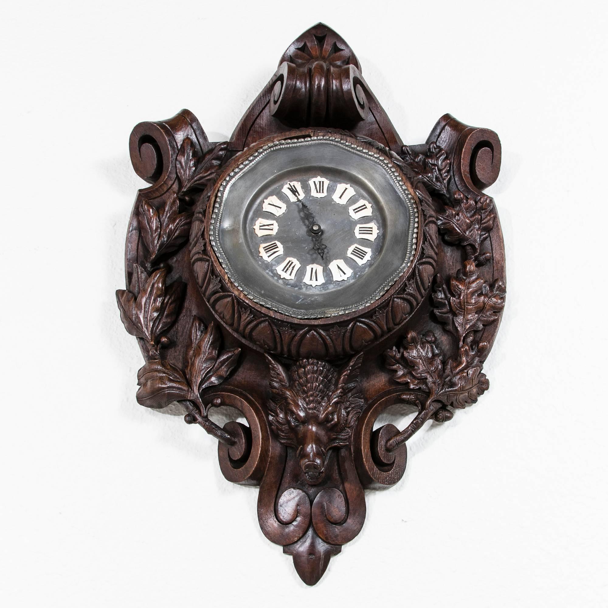 Deeply Carved 19th Century French Black Forest Clock with Wild Boar 1
