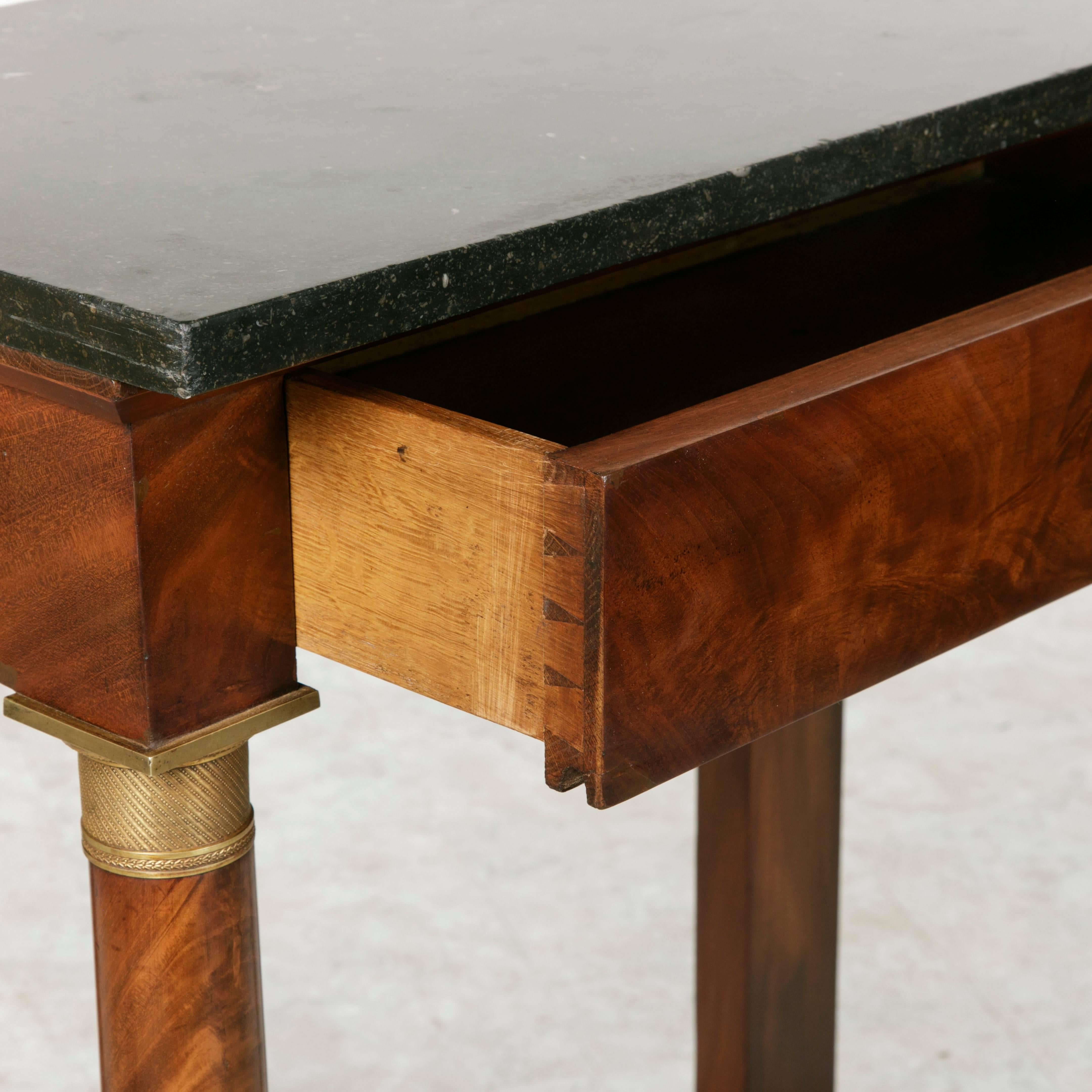 Period Empire Flamed Mahogany Console Table with Columns and Black Marble In Excellent Condition In Fayetteville, AR