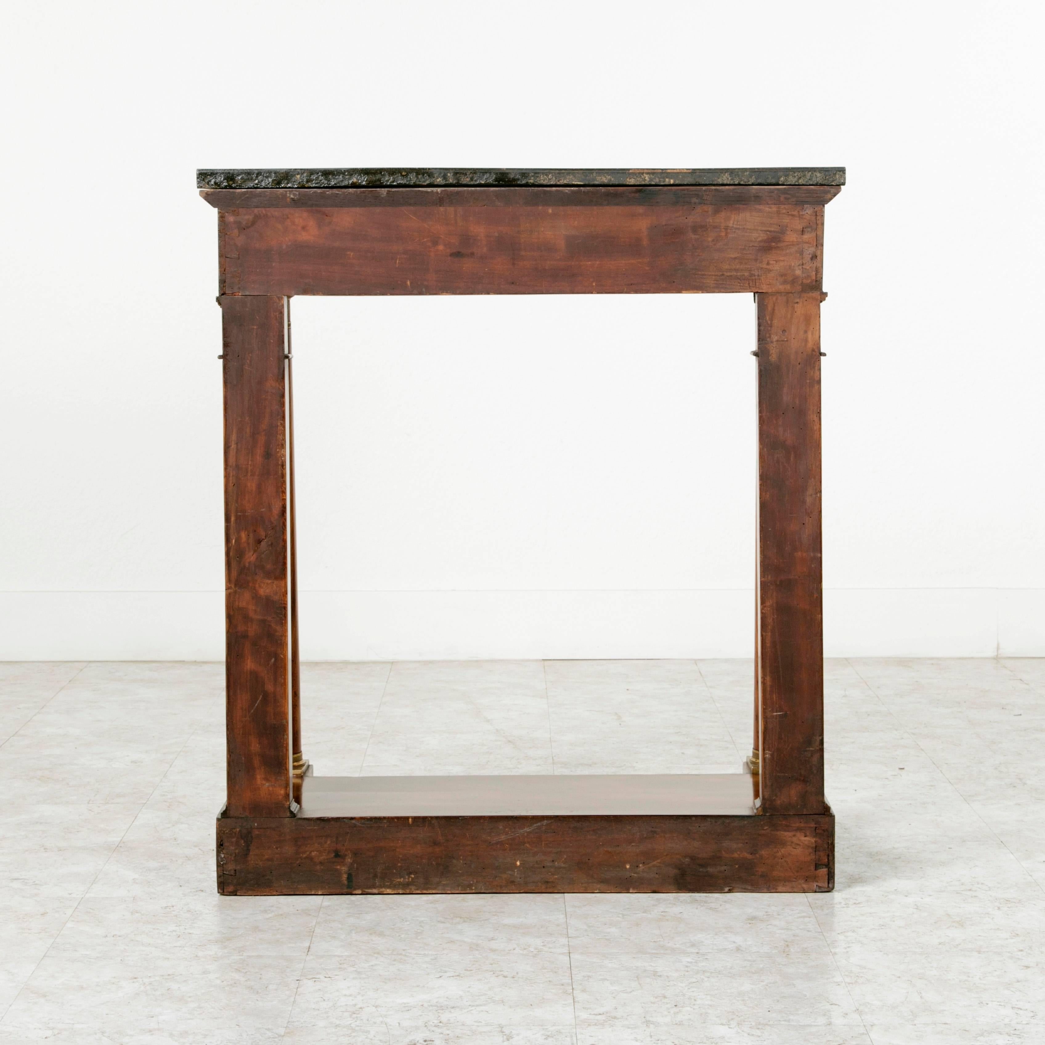 Belgian Black Marble Period Empire Flamed Mahogany Console Table with Columns and Black Marble