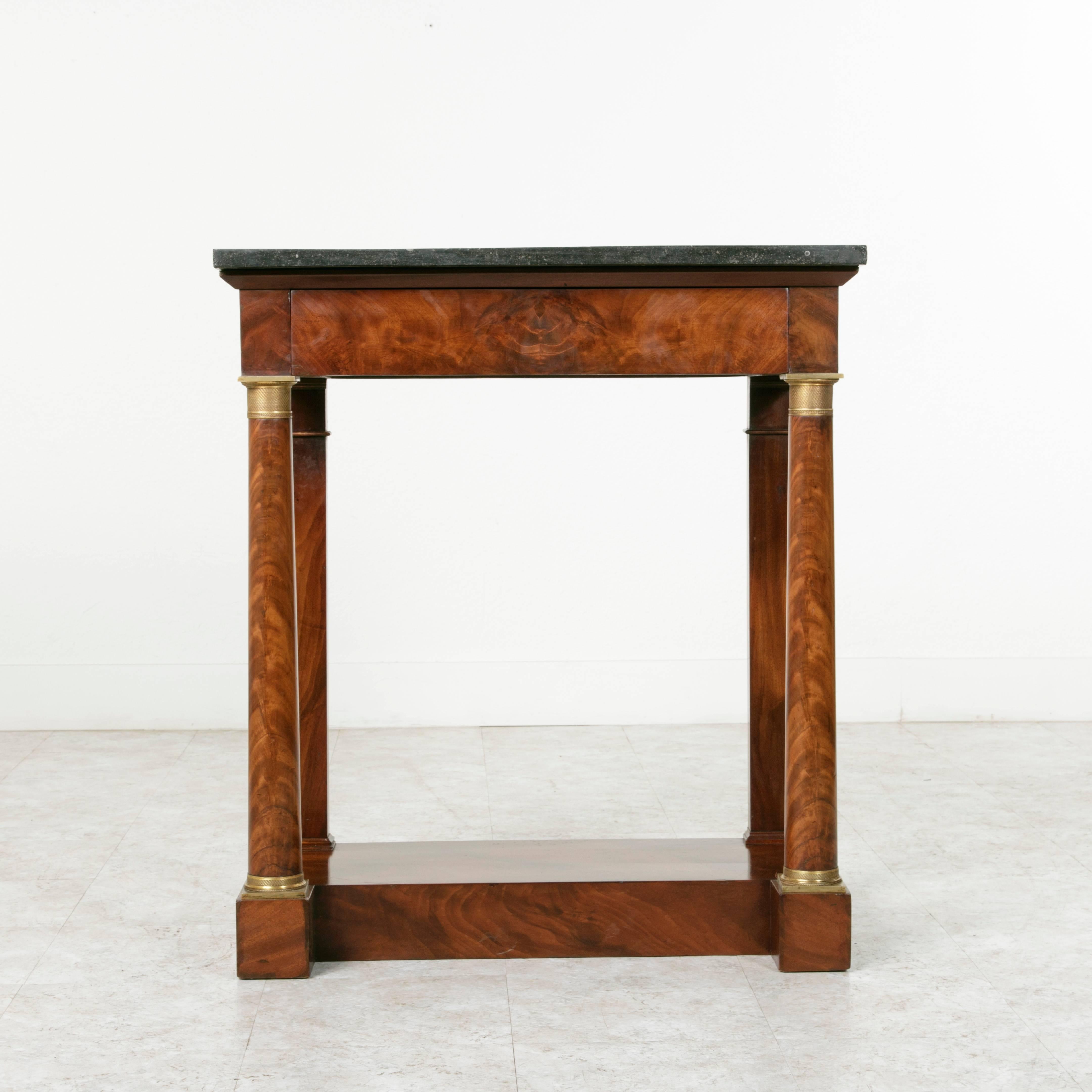 Period Empire Flamed Mahogany Console Table with Columns and Black Marble 1