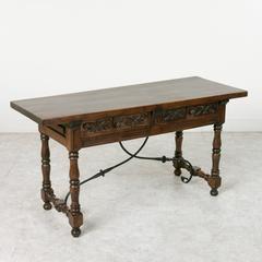 Spanish Renaissance Style Console of Hand-Carved Ash with Iron Stretcher