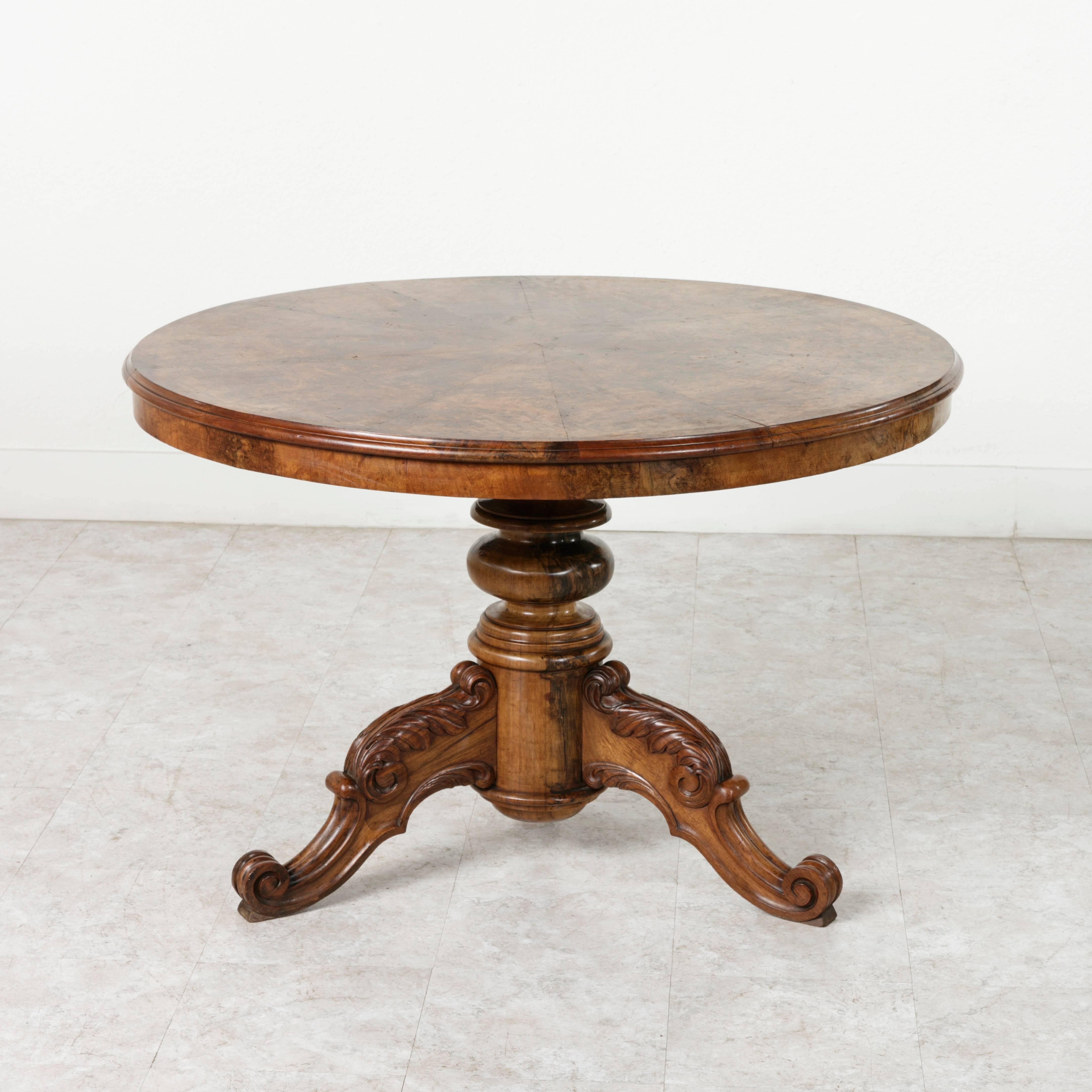 Rare French Restauration Period Tilt-Top Pedestal Center Table of Burled Walnut 1