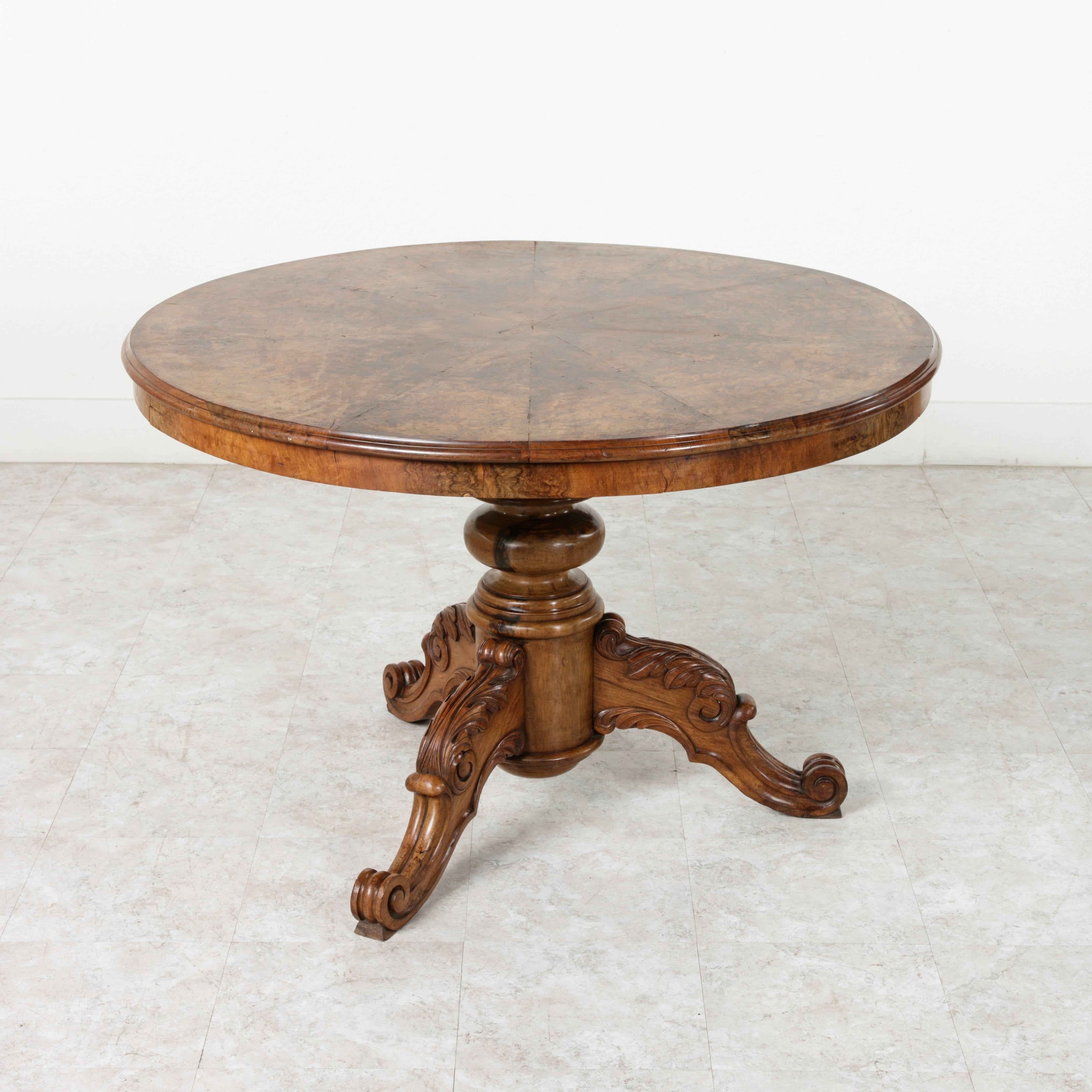 Rare French Restauration Period Tilt-Top Pedestal Center Table of Burled Walnut 4