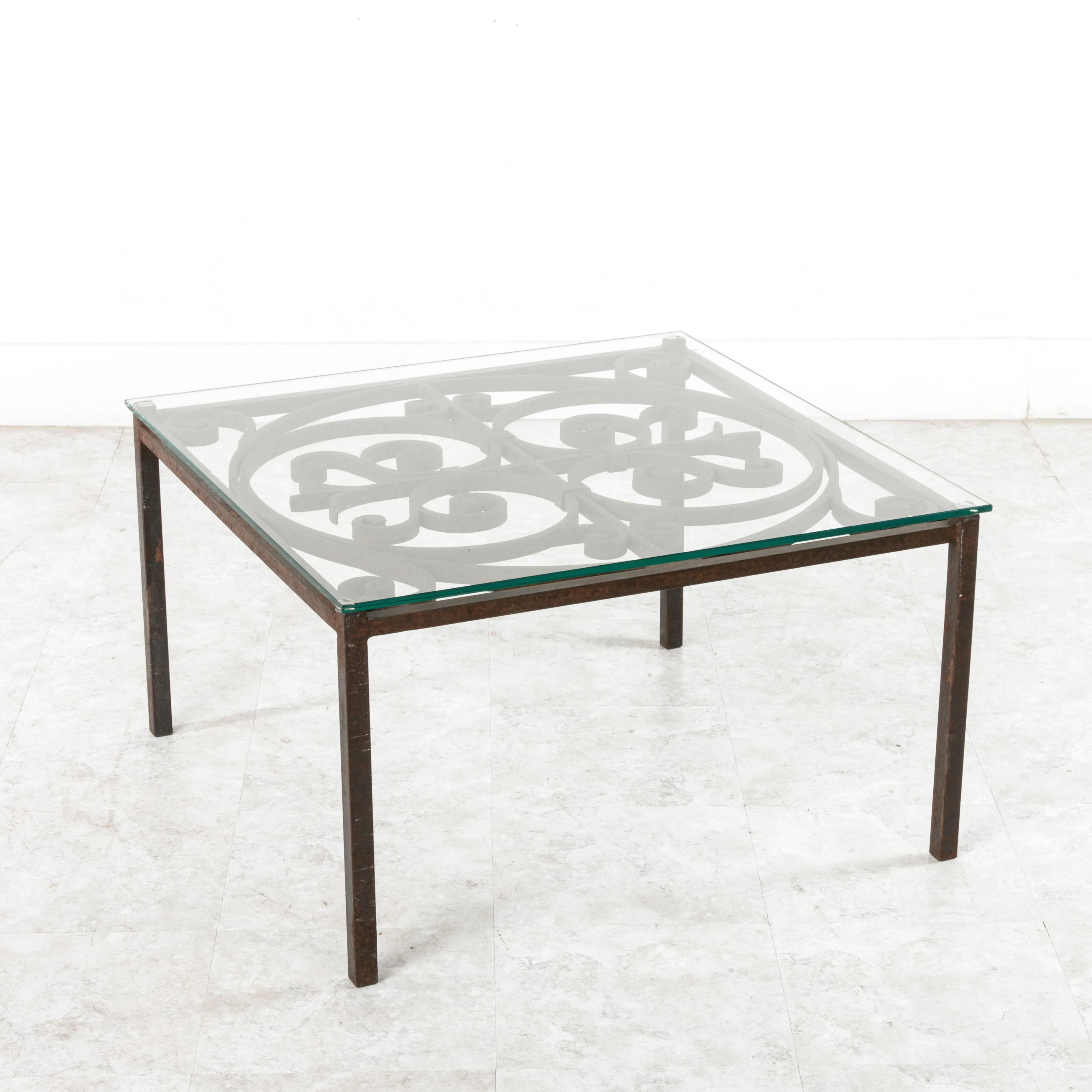 Antique French Hand-Forged Iron Coffee Table with Glass Top 2