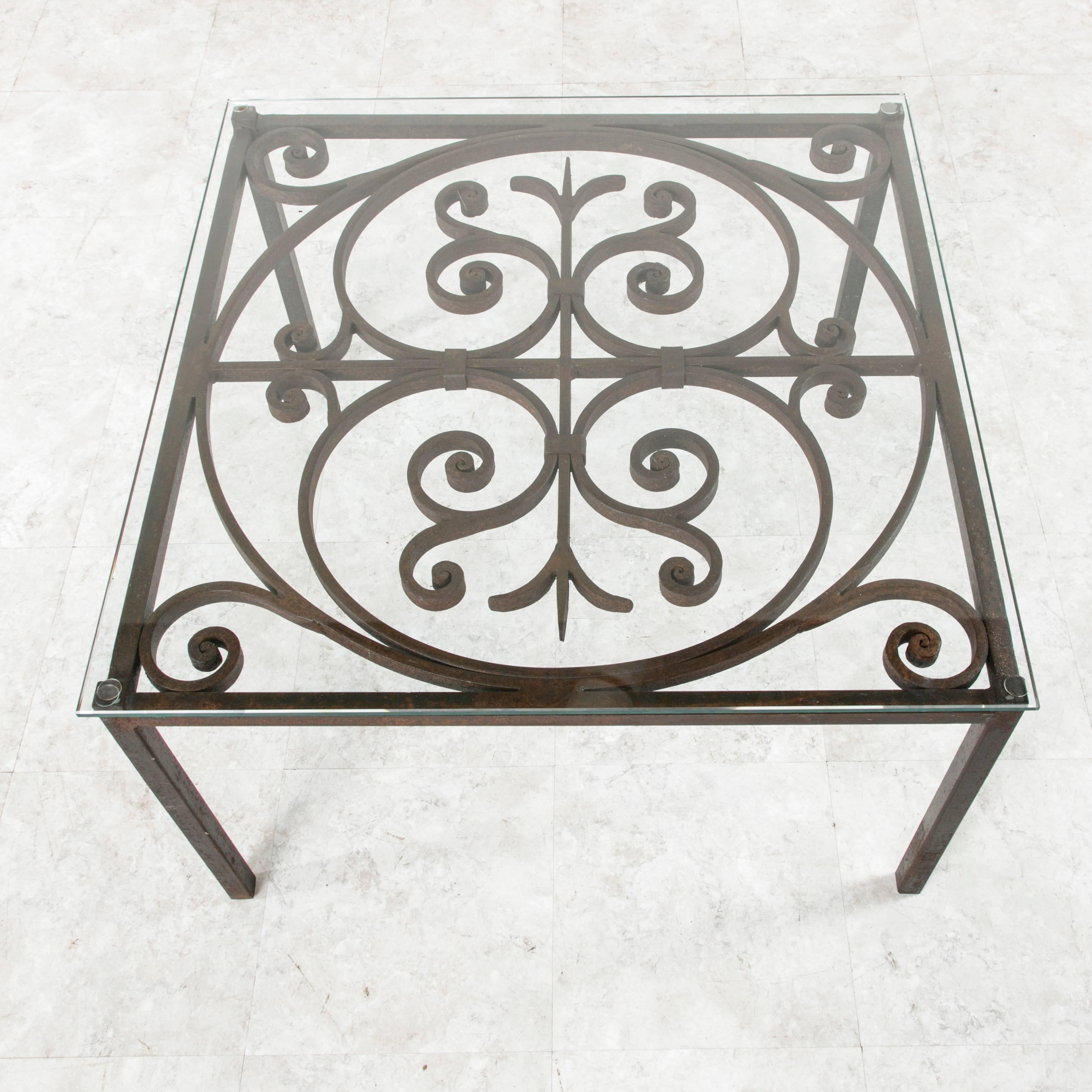 Antique French Hand-Forged Iron Coffee Table with Glass Top 3