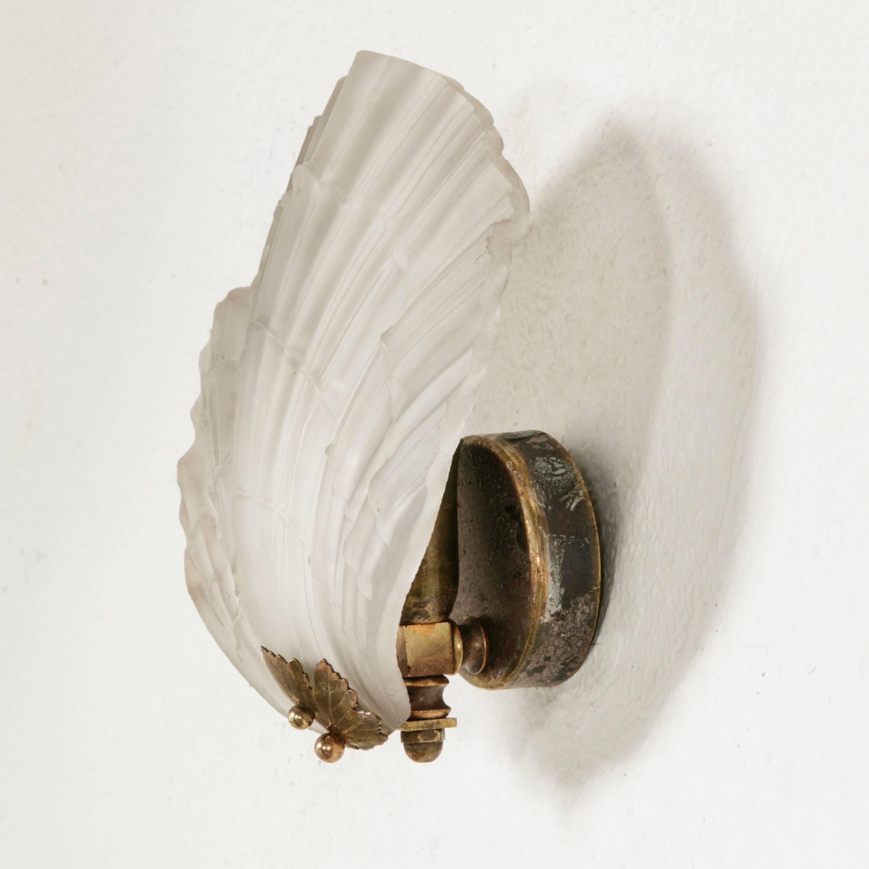 Art Deco Pair of Lalique Frosted Shell and Bronze Maple Leaf Sconces