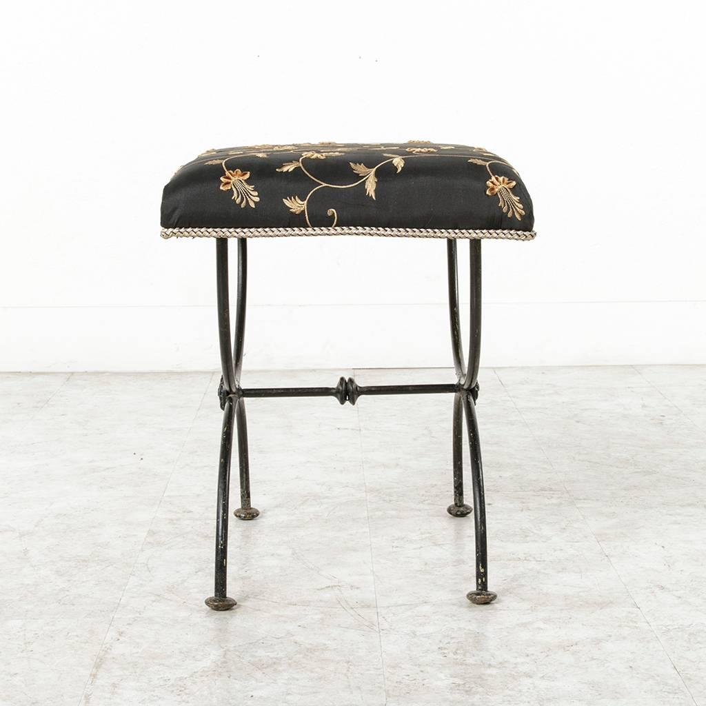 20th Century Mid-Century French Iron Vanity Bench Stool Banquette with Embroidered Tafetta