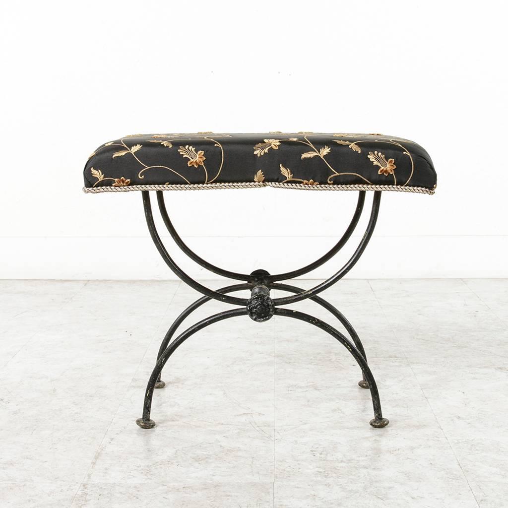 Upholstery Mid-Century French Iron Vanity Bench Stool Banquette with Embroidered Tafetta