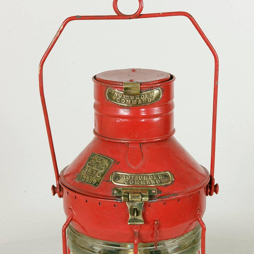 Large Antique English Red Nautical Lantern with Brass Detail and Label In Excellent Condition In Fayetteville, AR