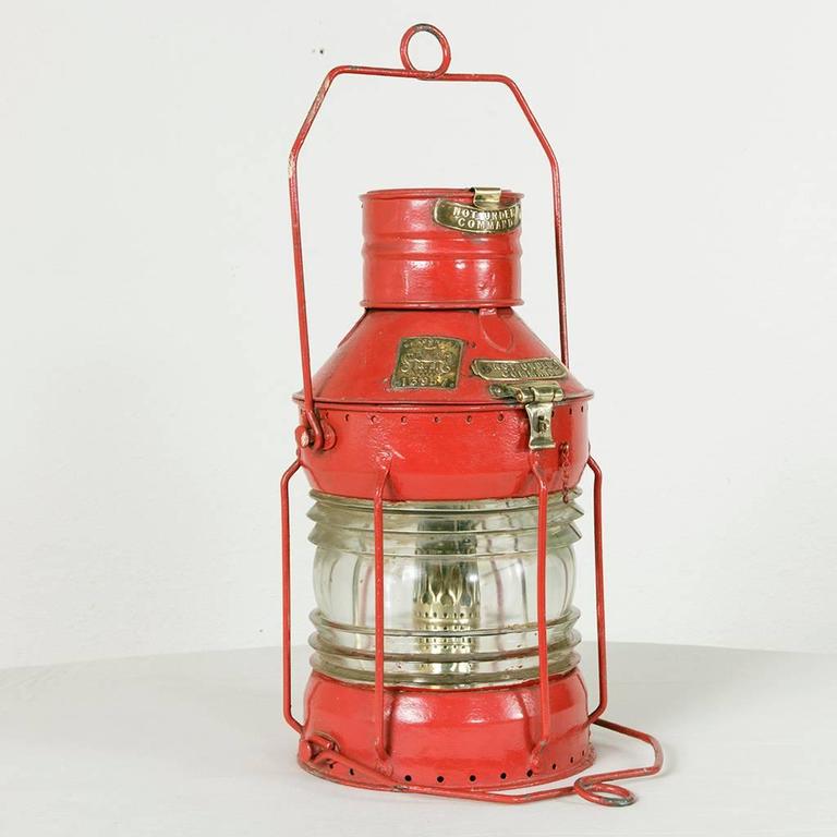 Large Antique English Red Nautical Lantern with Brass Detail and Label