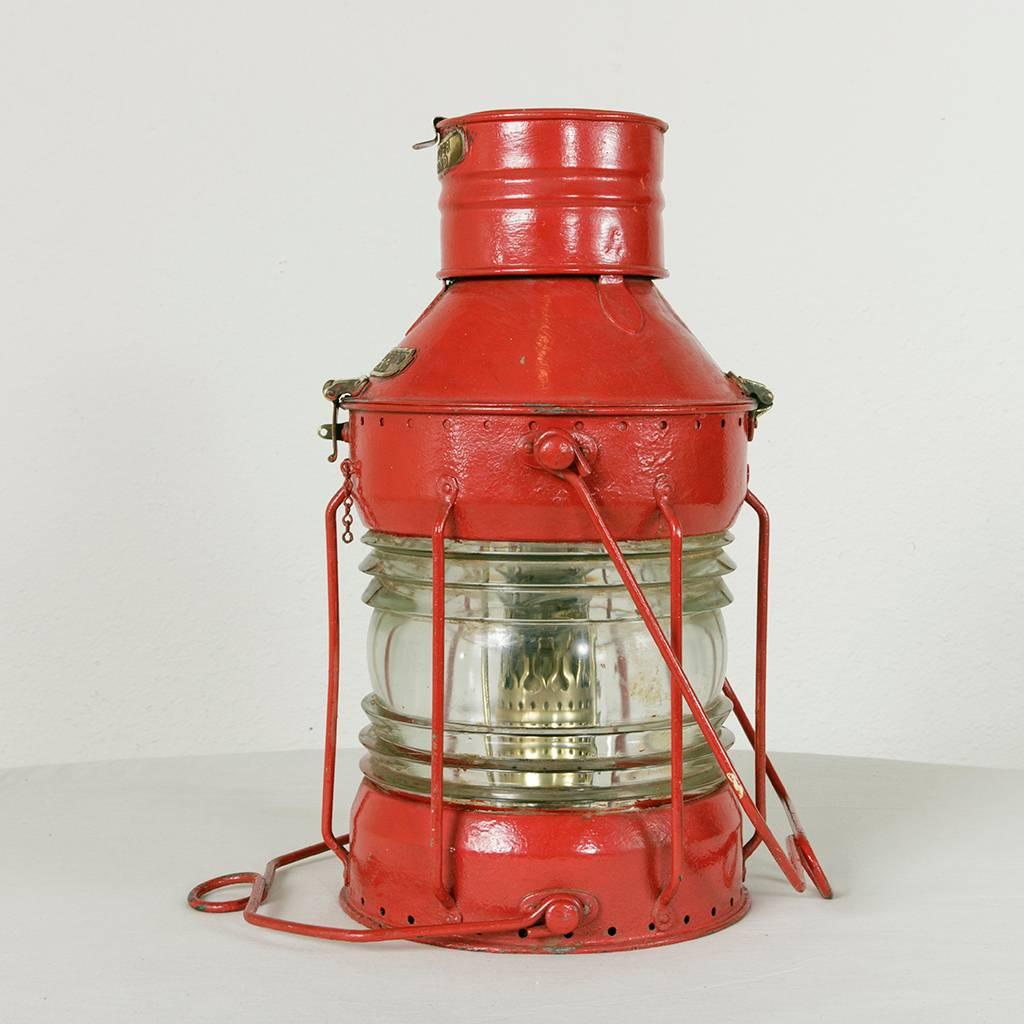 Early 20th Century Large Antique English Red Nautical Lantern with Brass Detail and Label