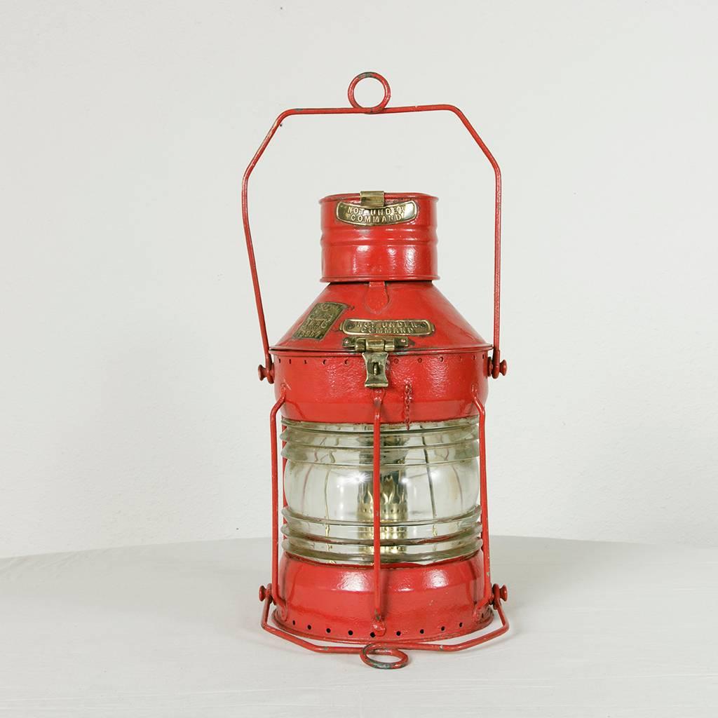 Art Glass Large Antique English Red Nautical Lantern with Brass Detail and Label