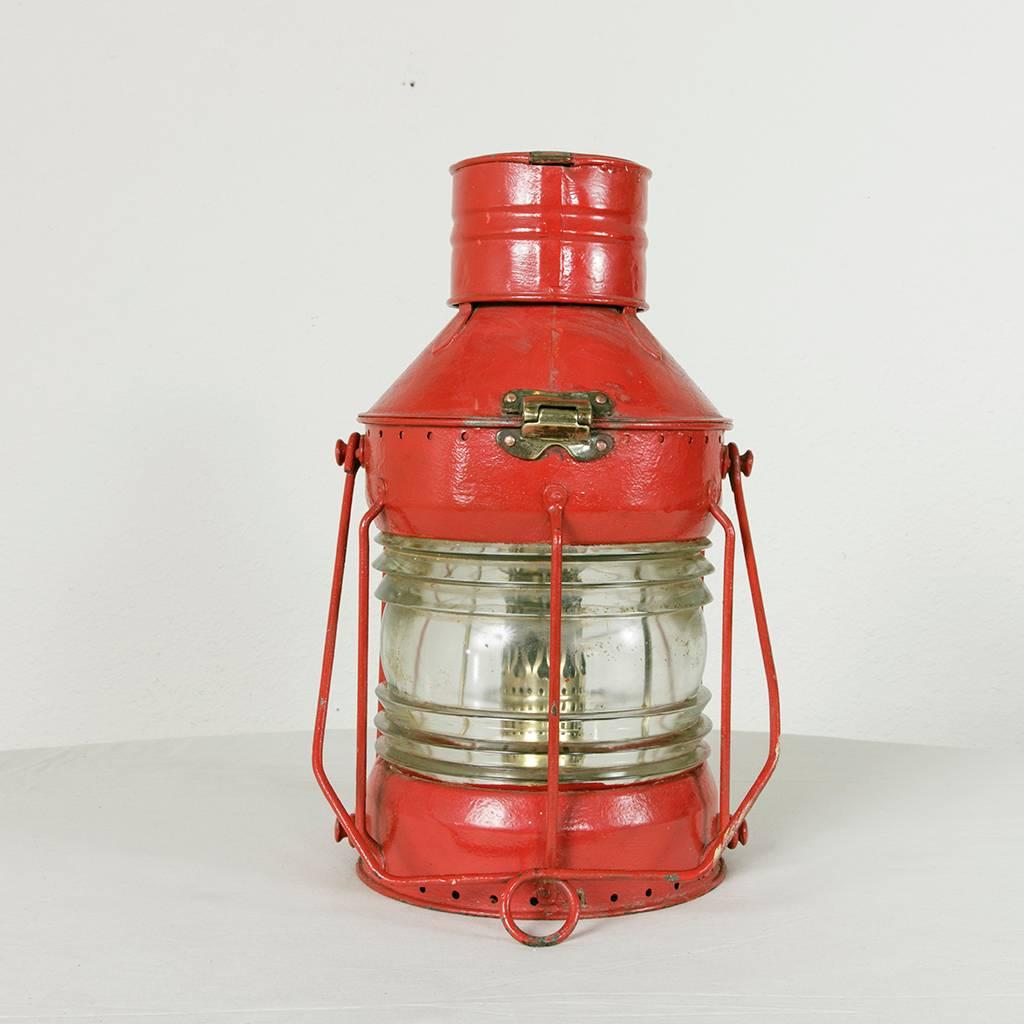 Large Antique English Red Nautical Lantern with Brass Detail and Label 2