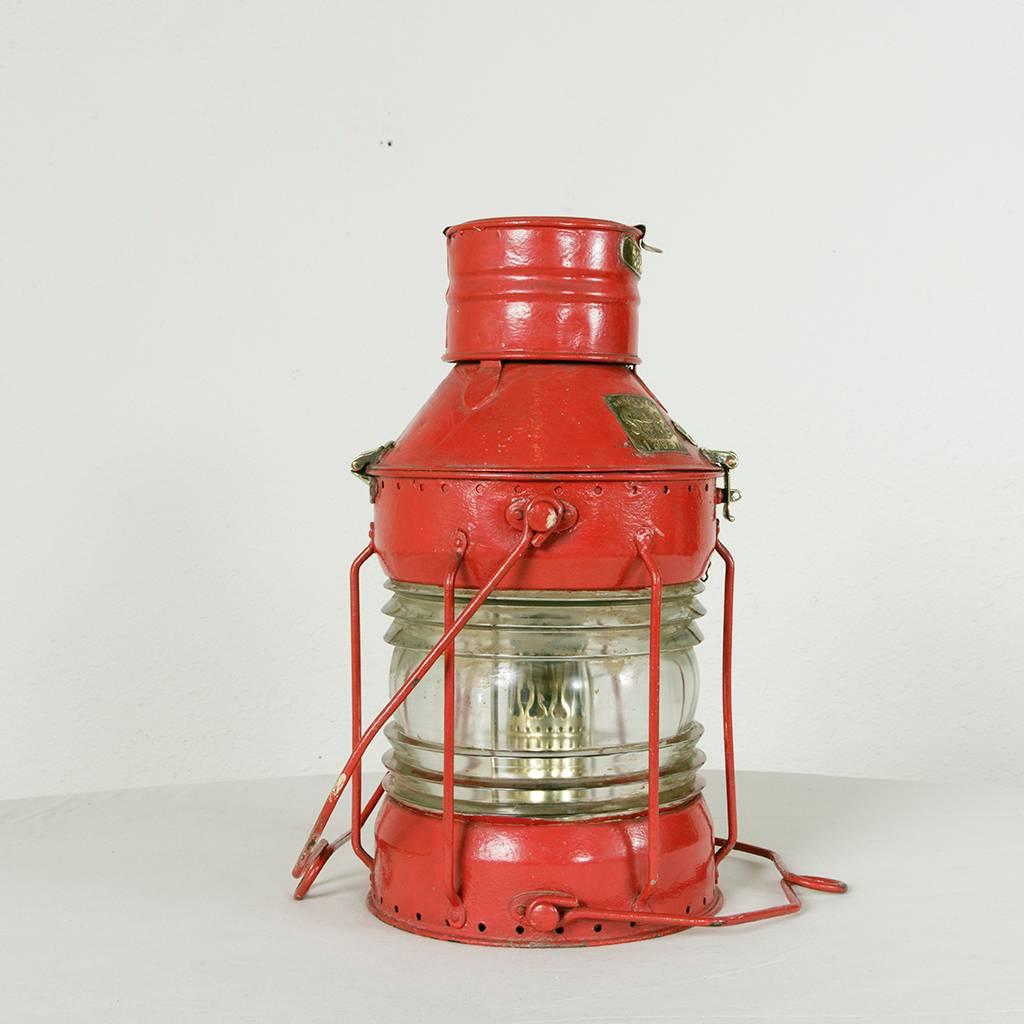 Large Antique English Red Nautical Lantern with Brass Detail and Label 3