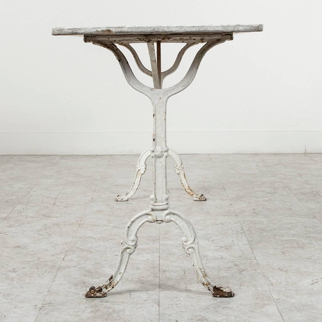 Early 20th Century Antique French Cast Iron Long Bistro Table in White with Wooden Top