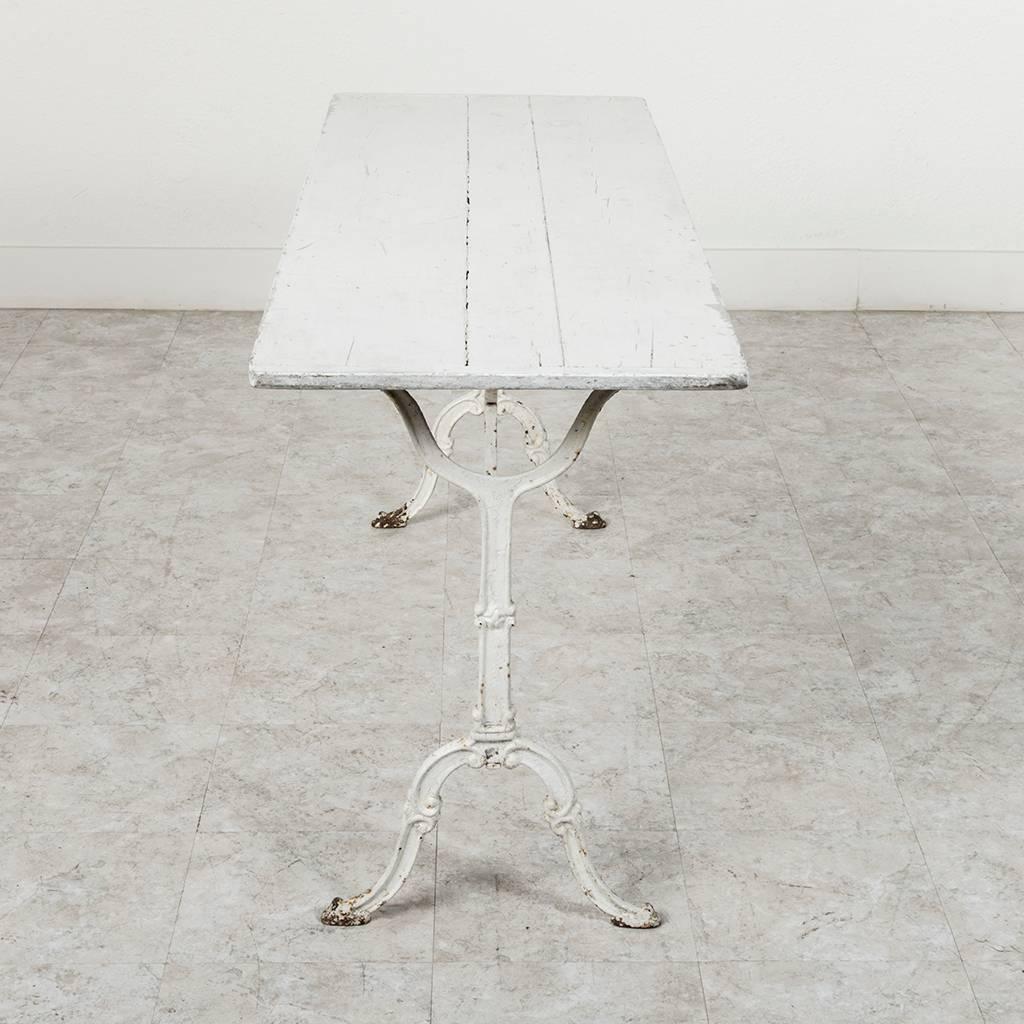 Antique French Cast Iron Long Bistro Table in White with Wooden Top 1