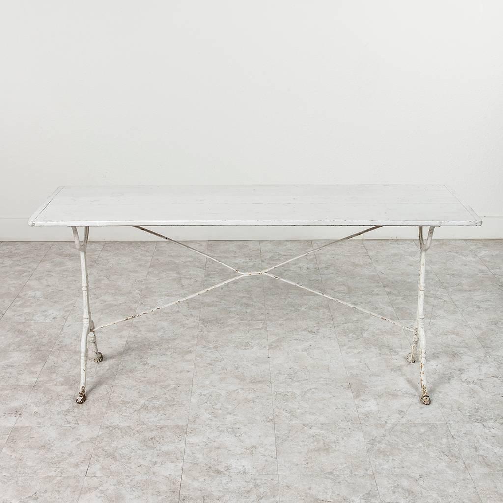 Antique French Cast Iron Long Bistro Table in White with Wooden Top 2
