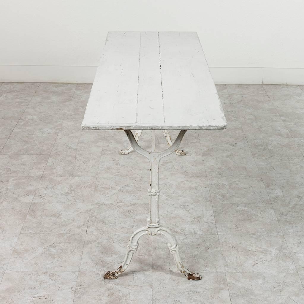 Antique French Cast Iron Long Bistro Table in White with Wooden Top 3