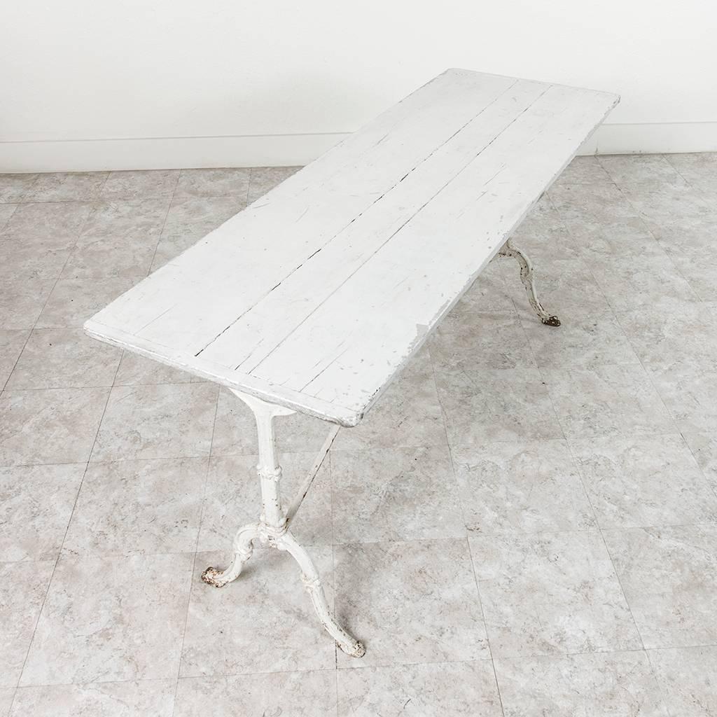 Antique French Cast Iron Long Bistro Table in White with Wooden Top 4