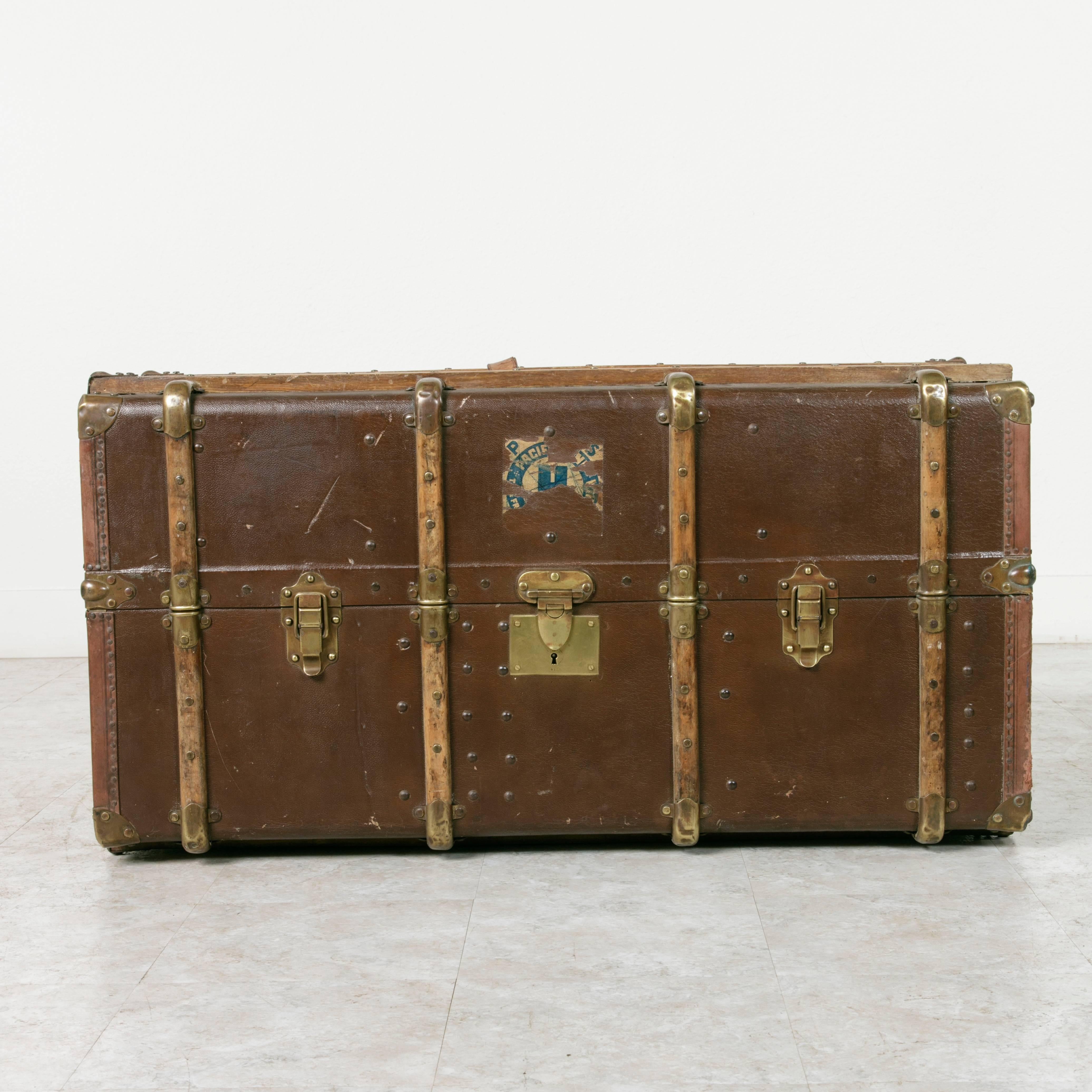 Early 20th Century Antique French Steam Trunk in All Original Condition with Brass Wood and Leather For Sale