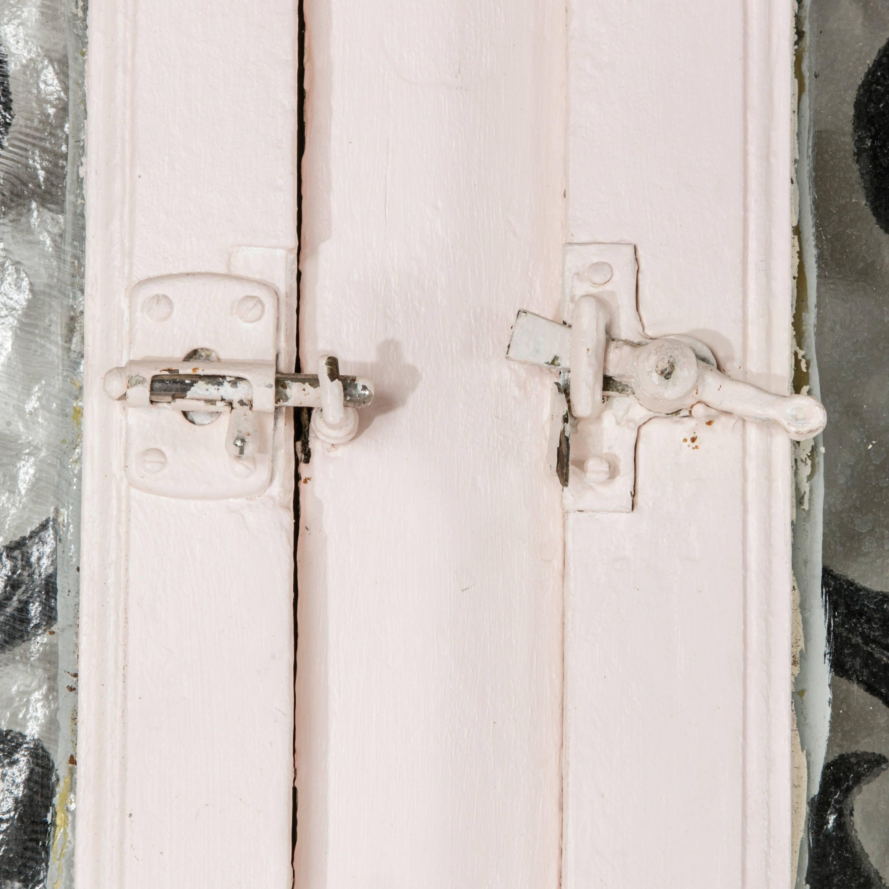 French Art Nouveau Period Large Double Window Entry Door with Iron Grills