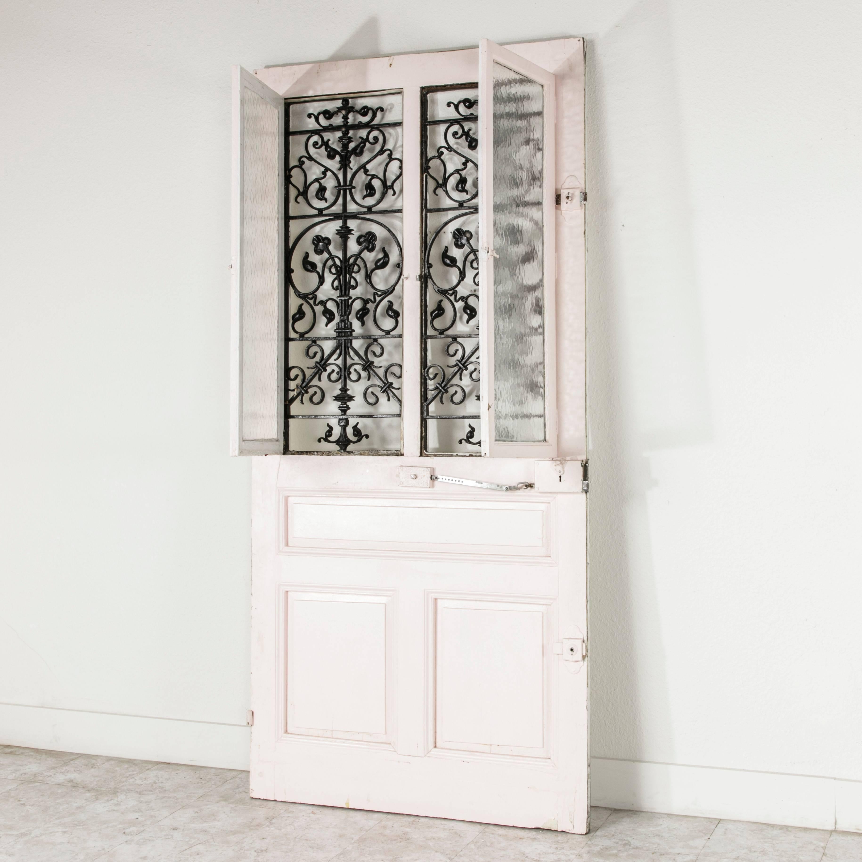 Art Nouveau Period Large Double Window Entry Door with Iron Grills In Excellent Condition In Fayetteville, AR