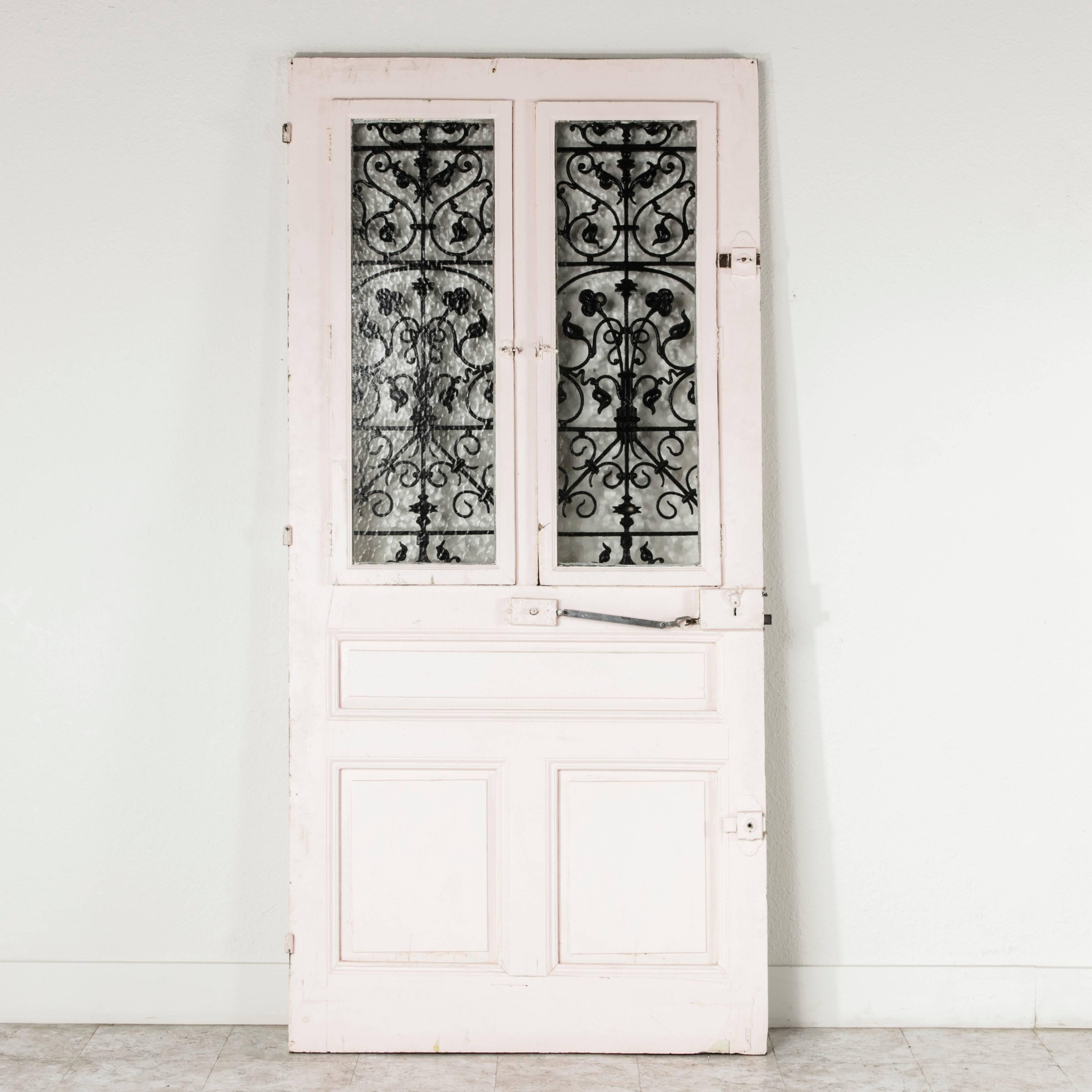 Early 20th Century Art Nouveau Period Large Double Window Entry Door with Iron Grills