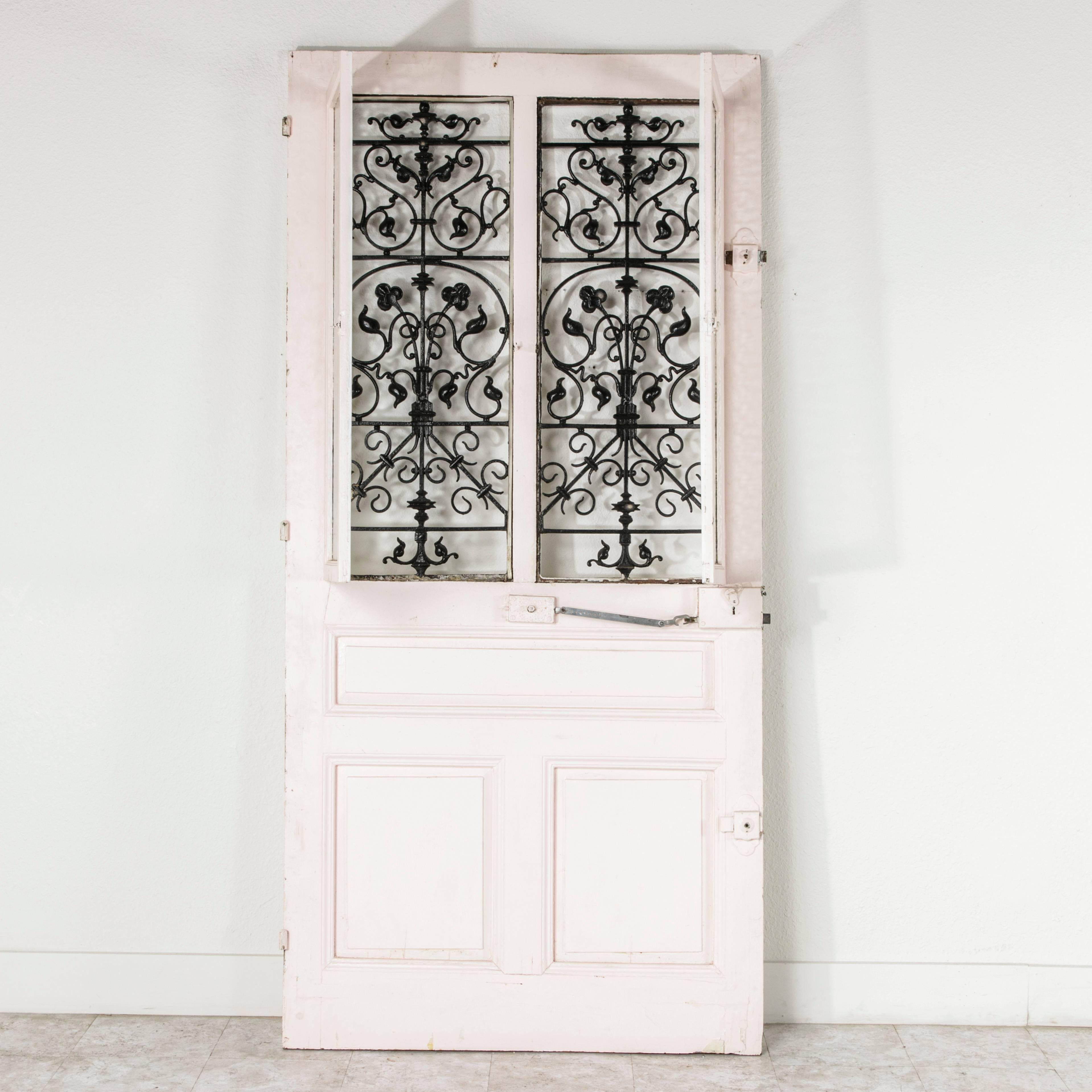 Glass Art Nouveau Period Large Double Window Entry Door with Iron Grills