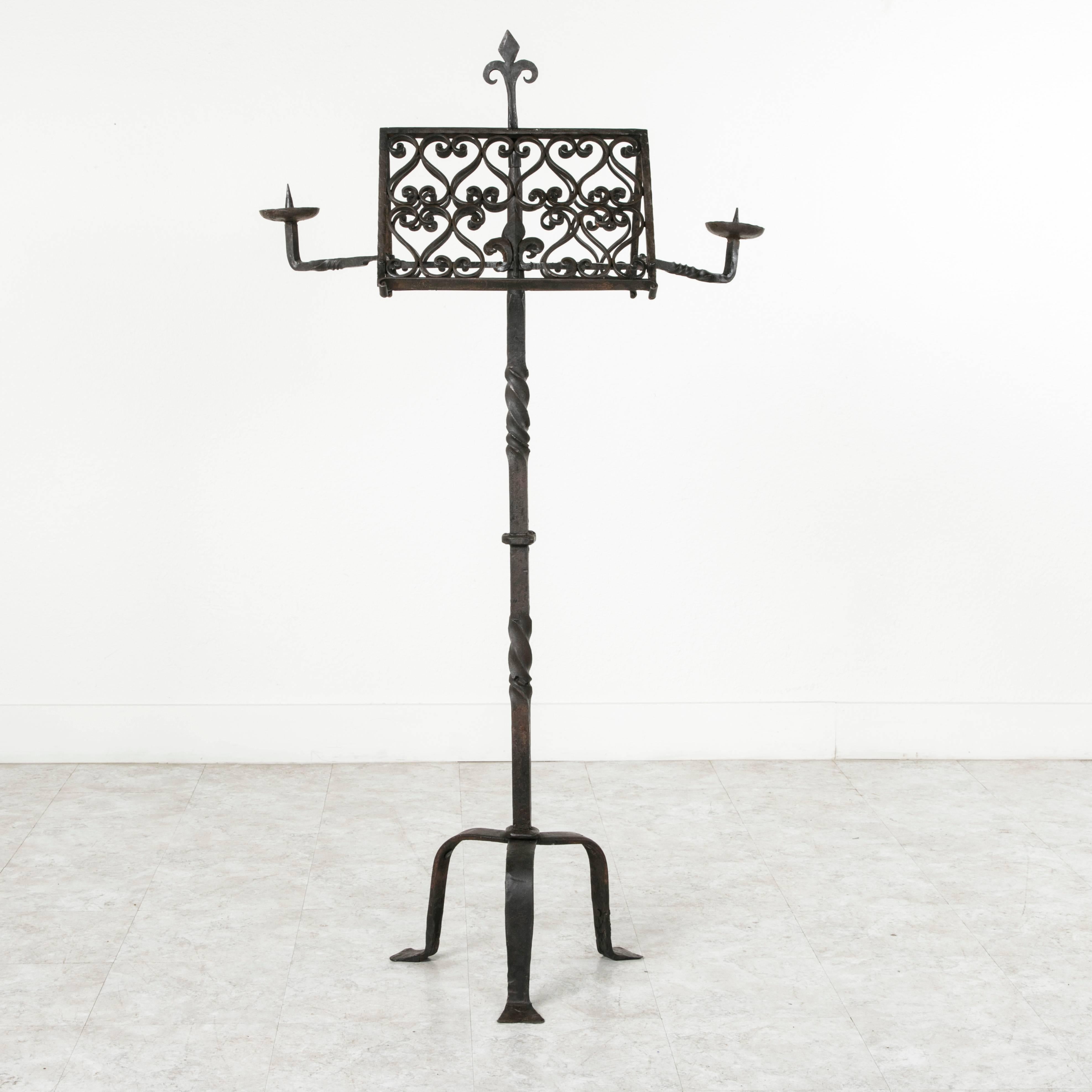 Antique French Hand-Forged Iron Double-Sided Music Stand with Fleur-de-Lys In Good Condition In Fayetteville, AR