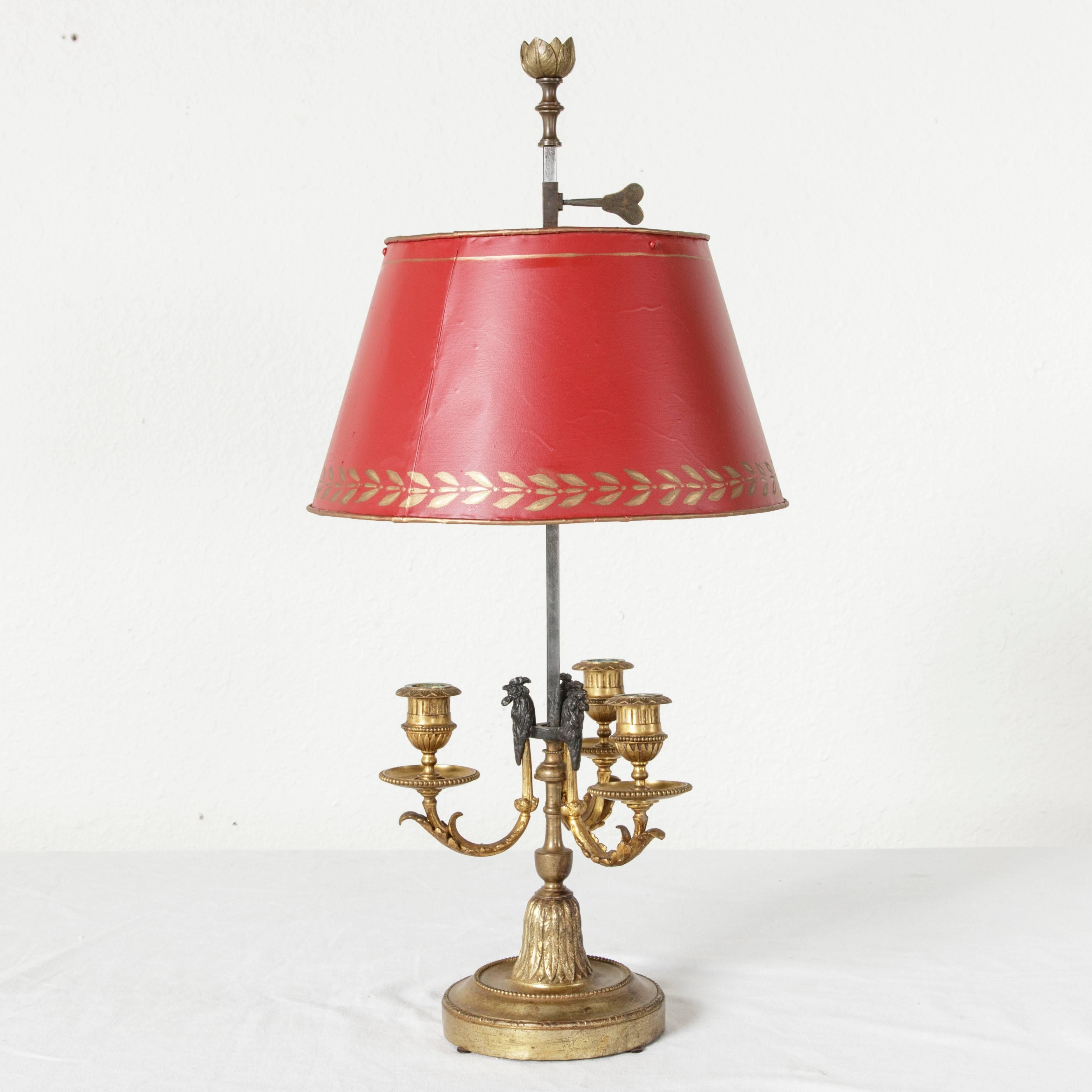Louis XVI 18th Century French Bouillotte Lamp with Roosters, Red Shade and Gilt Bronze