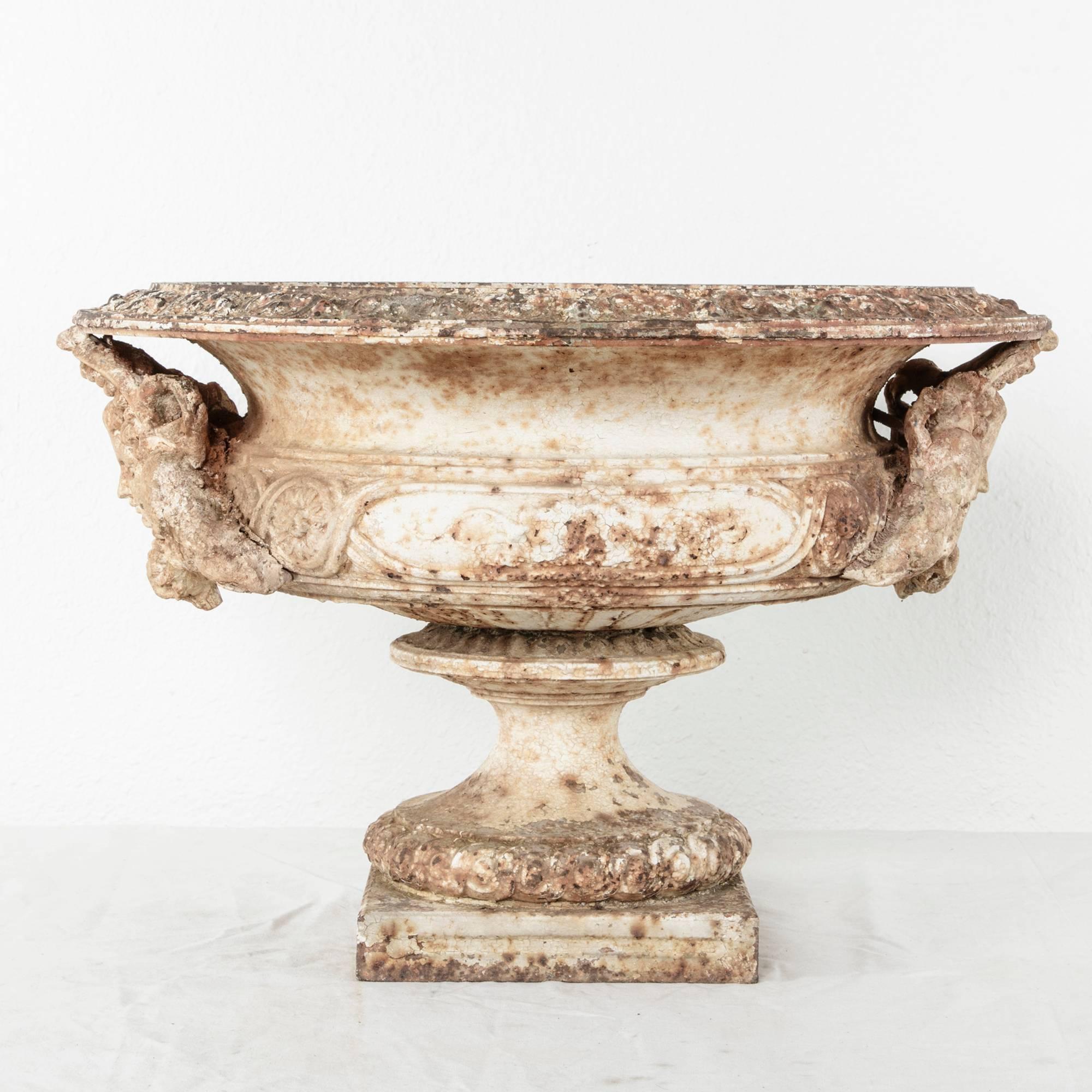 Grand Scale 18th Century French Cast Iron and Stone Urn with Neoclassical Faces 2