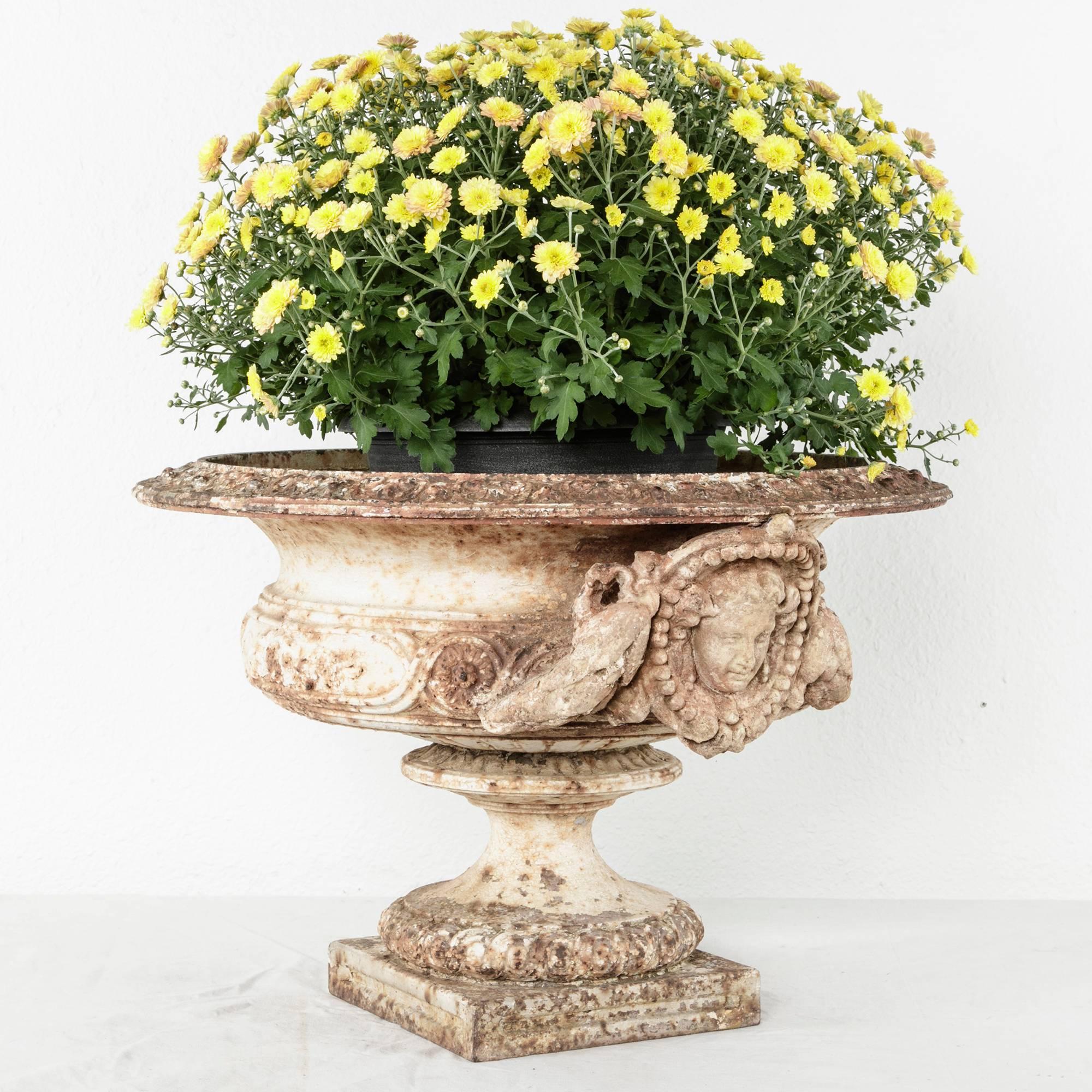 18th Century and Earlier Grand Scale 18th Century French Cast Iron and Stone Urn with Neoclassical Faces